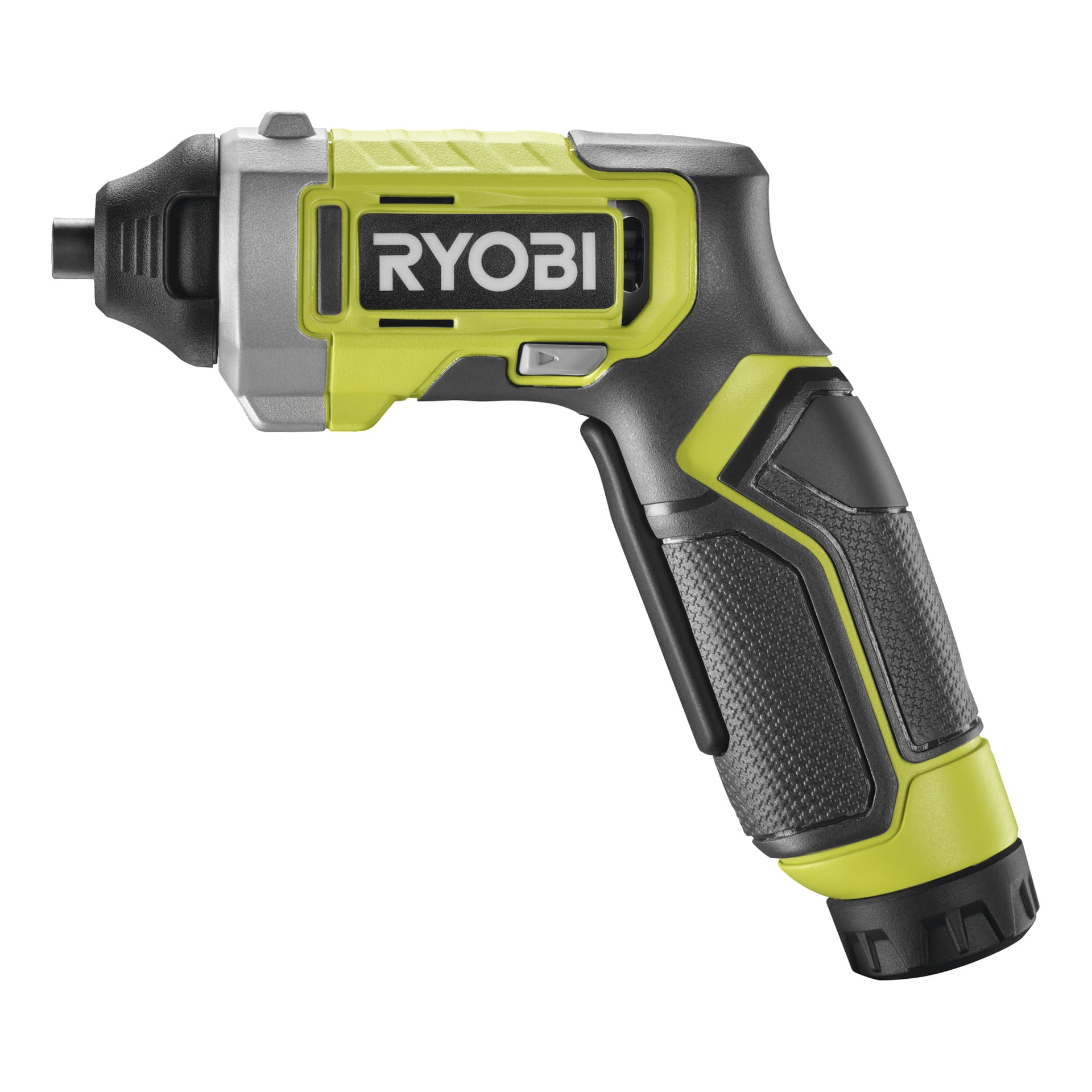 En Ryobi sladdlös skruvmejsel med grönt och svart handtag, grå detaljer och en svart avtryckare i sidoprofil.