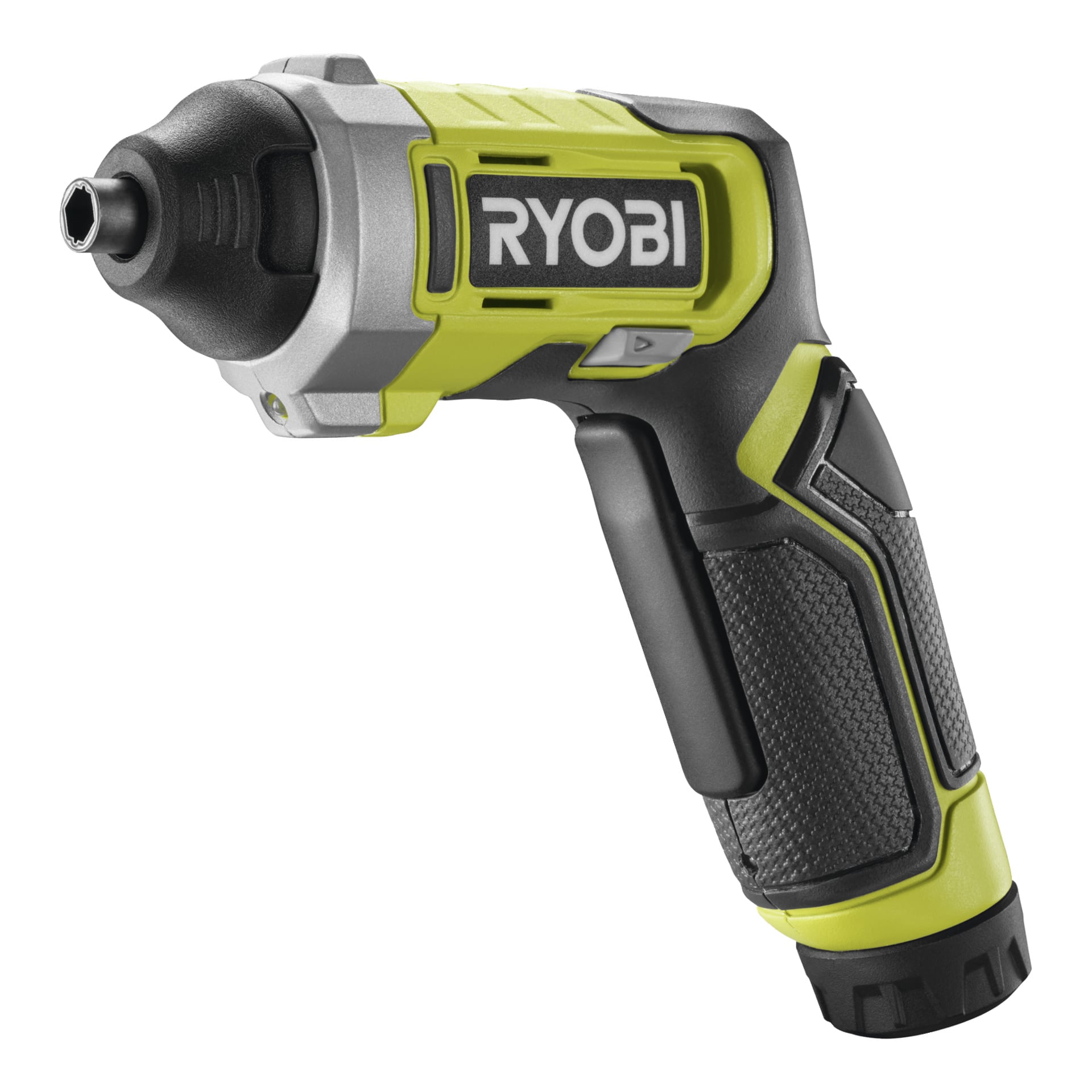 Sladdlös RYOBI elektrisk skruvmejsel med grönt och svart handtag, silverdetaljer och en framåt/bakåt-strömbrytare, sedd från sidan.