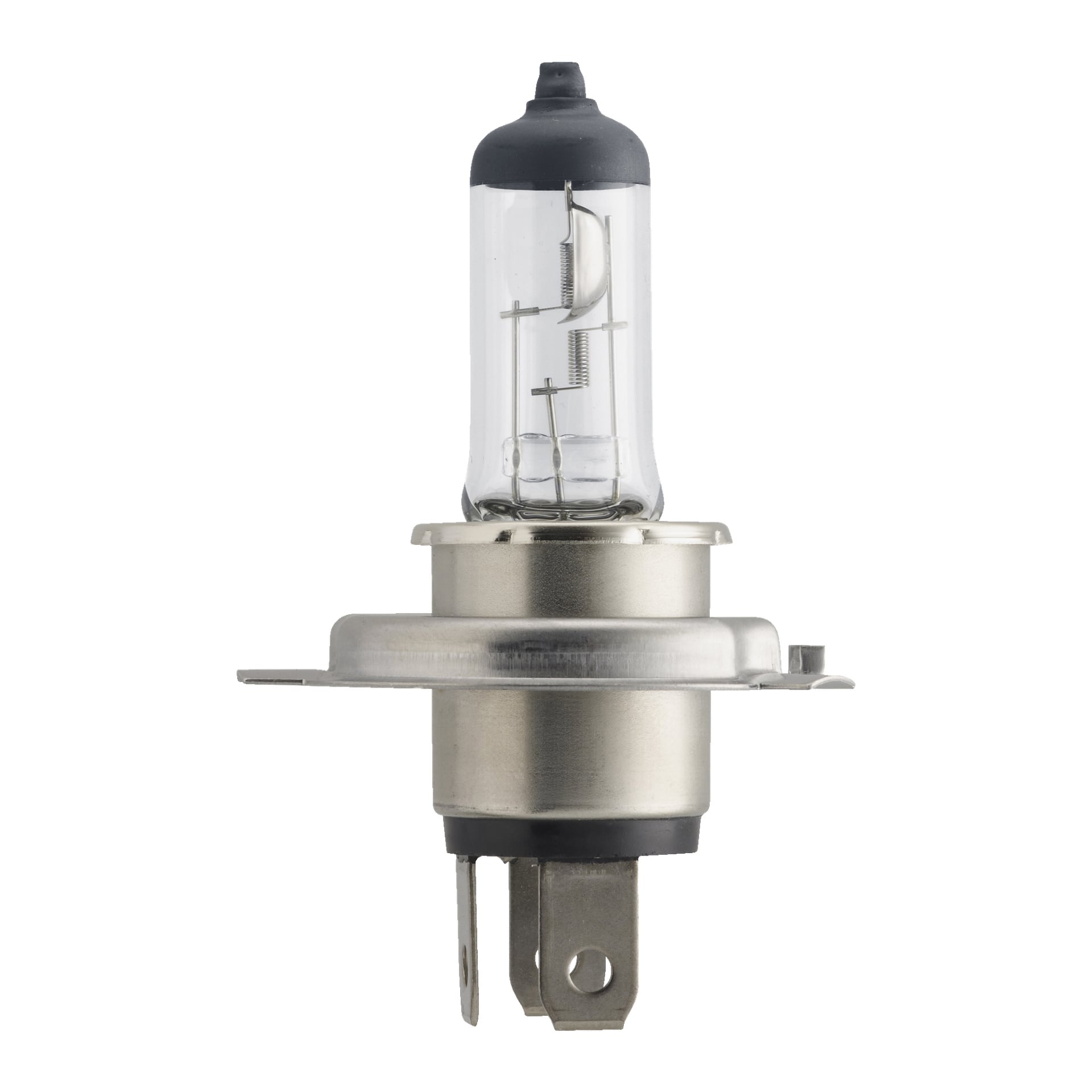 En Philips Halogen Vision Rally-strålkastarlampa har en metallbas med två stift och ett transparent glashus som exponerar den interna glödtråden.