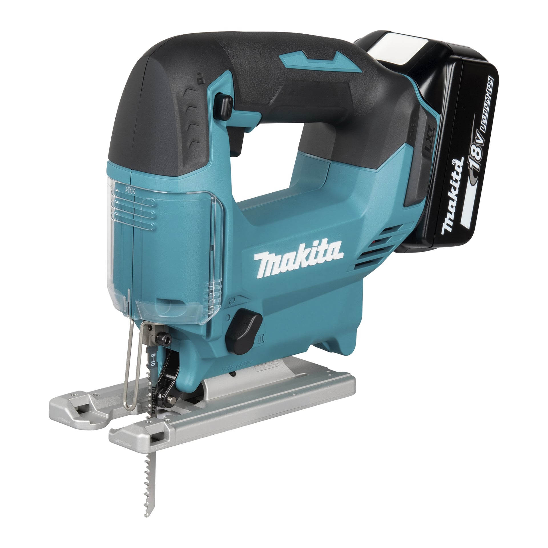 En sladdlös Makita 18V litiumjon-sticksåg med blå och svart design, synligt blad och ett monterat batteripaket bak.