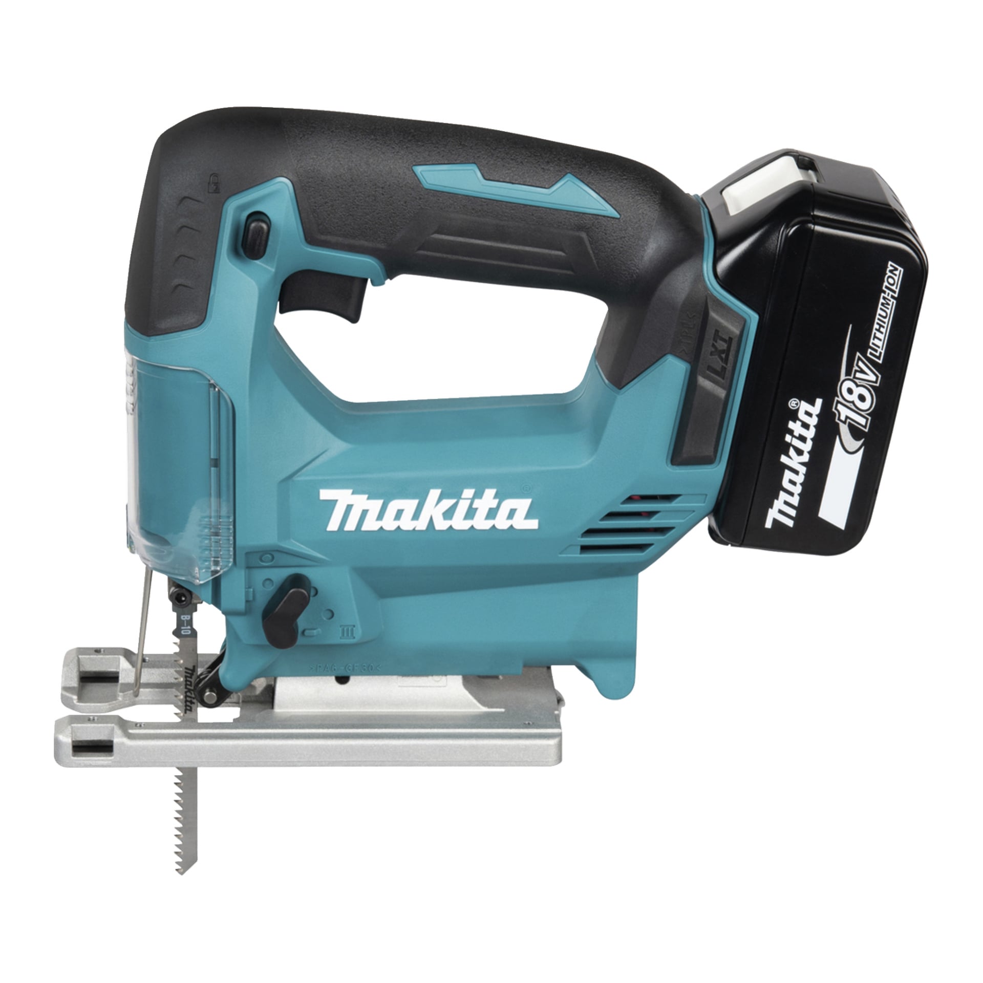 En blå och svart Makita 18V sladdlös sticksåg, sidovy, med synligt skärblad, batteripack och Makita-logga.