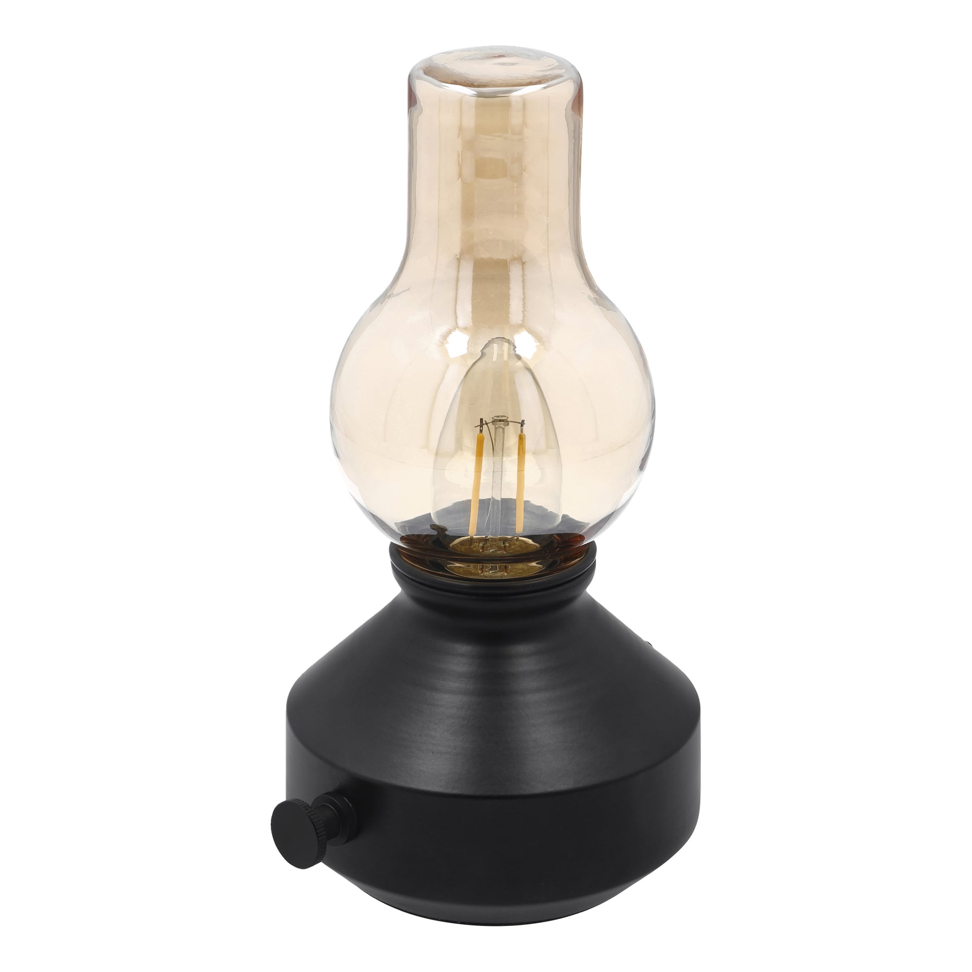Slank elektrisk lampa med svart sockel, rund ratt och klart glaslock som en gammal oljelampa. Exponerade glödtrådar inuti lampan.