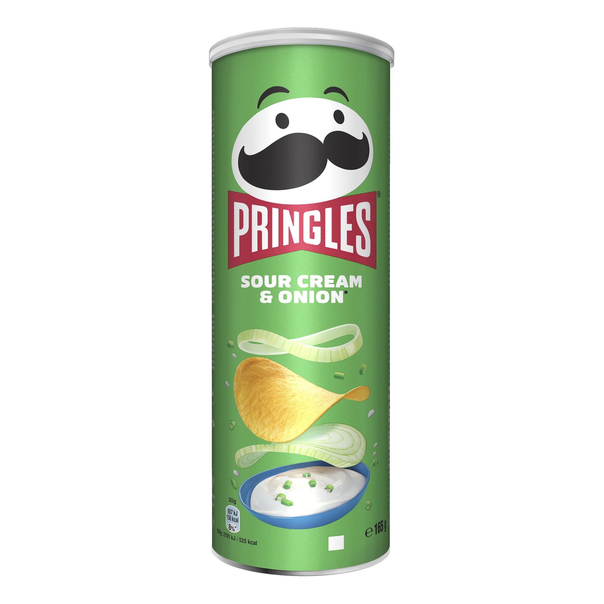 En hög grön Pringles-burk för gräddfil- och lökchips, med logotypen, potatischips, lökringar och gräddfil med gräslök.