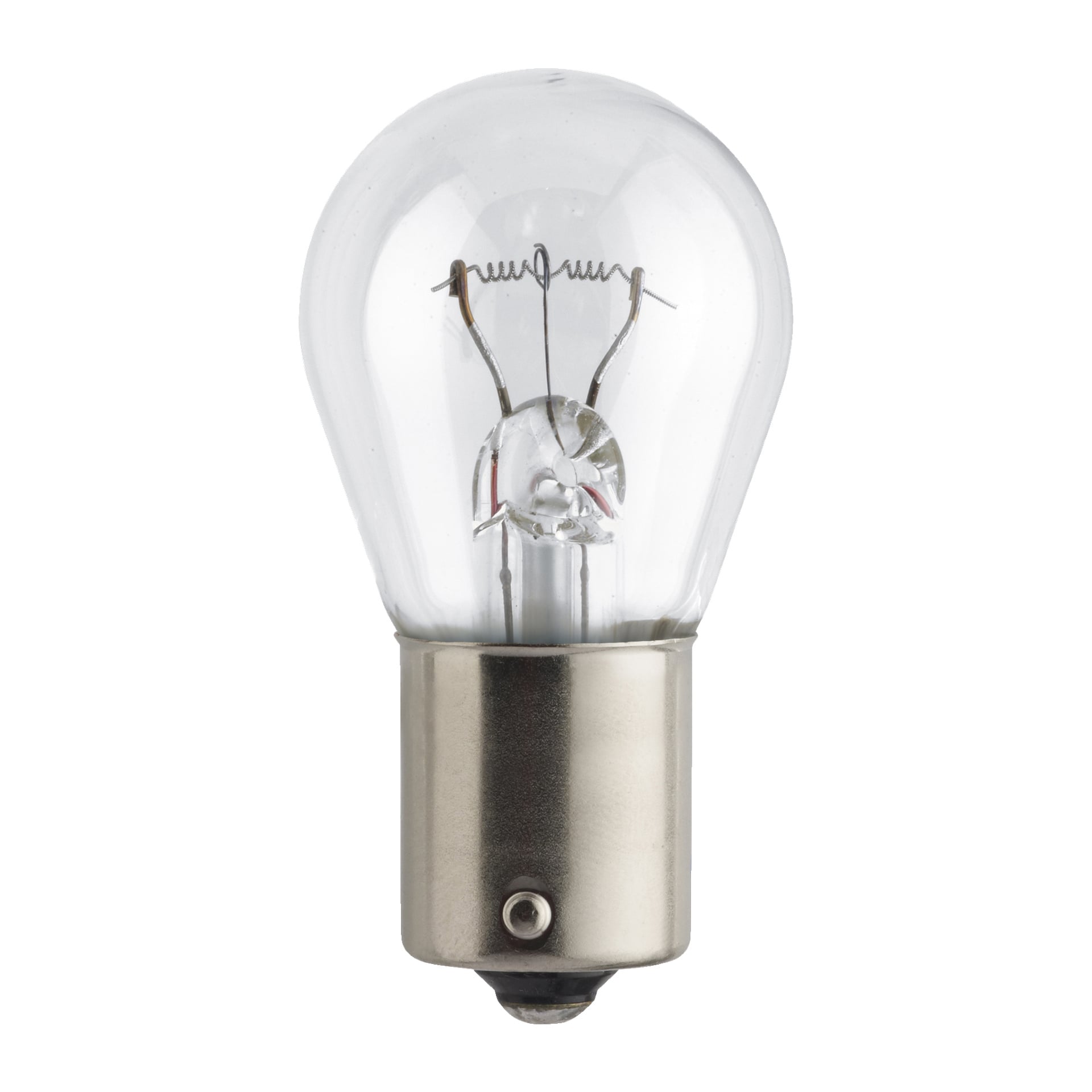 Philips Bulbs P21W stoi pionowo, prezentując przezroczystą żarówkę żarową z wyraźnie widocznym żarnikiem i elementami wewnętrznymi, zamontowaną na metalowej podstawie.