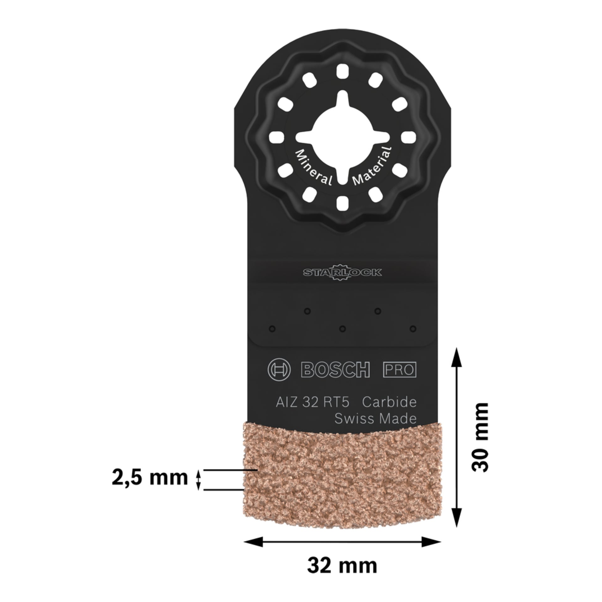 Bosch Pro Starlock AIZ 32 RT5 karbidblad, märkt 2,5 mm tjockt, 32 mm brett, 30 mm långt; märkt mineralmaterial, schweiziskt tillverkat.