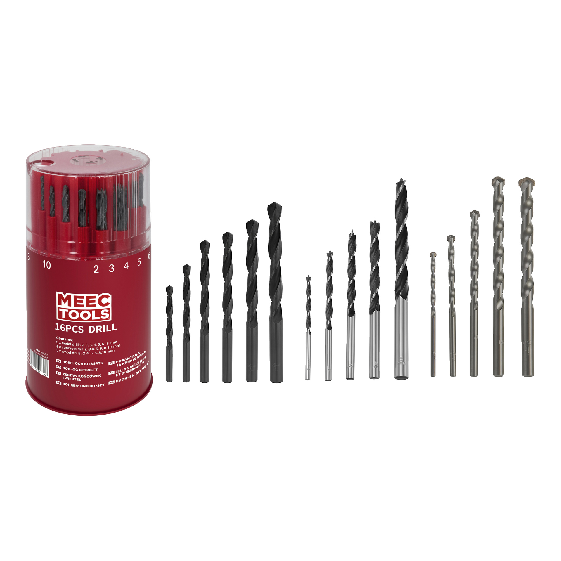Punainen sylinterimäinen MEEC TOOLS 16PCS DRILL -kotelo on kuudentoista poranterän vieressä, järjestettynä suurimmasta pienimpään.
