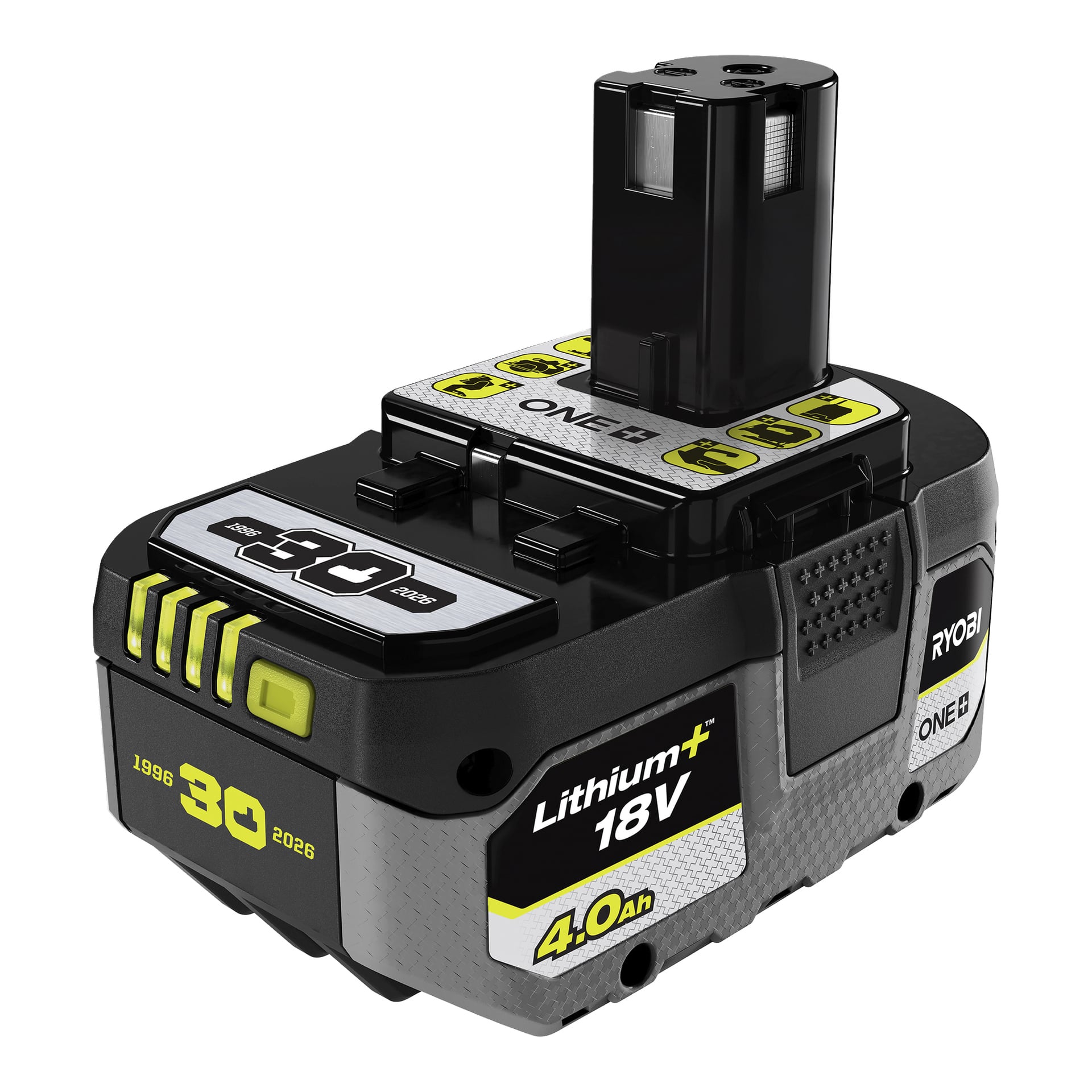 Ryobi 18V Lithium+ 4.0Ah sähkötyökalun akku, jossa on musta ja harmaa kotelo, keltaiset yksityiskohdat ja etiketit kuten "30 Years" ja "ONE+".