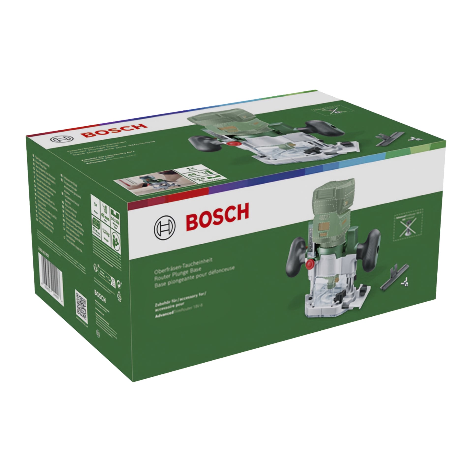 En grön Bosch-låda visar en bild på ett fräs-sänkningsverktyg med tillbehör. Bosch-logotypen och produktdetaljerna finns på förpackningen.