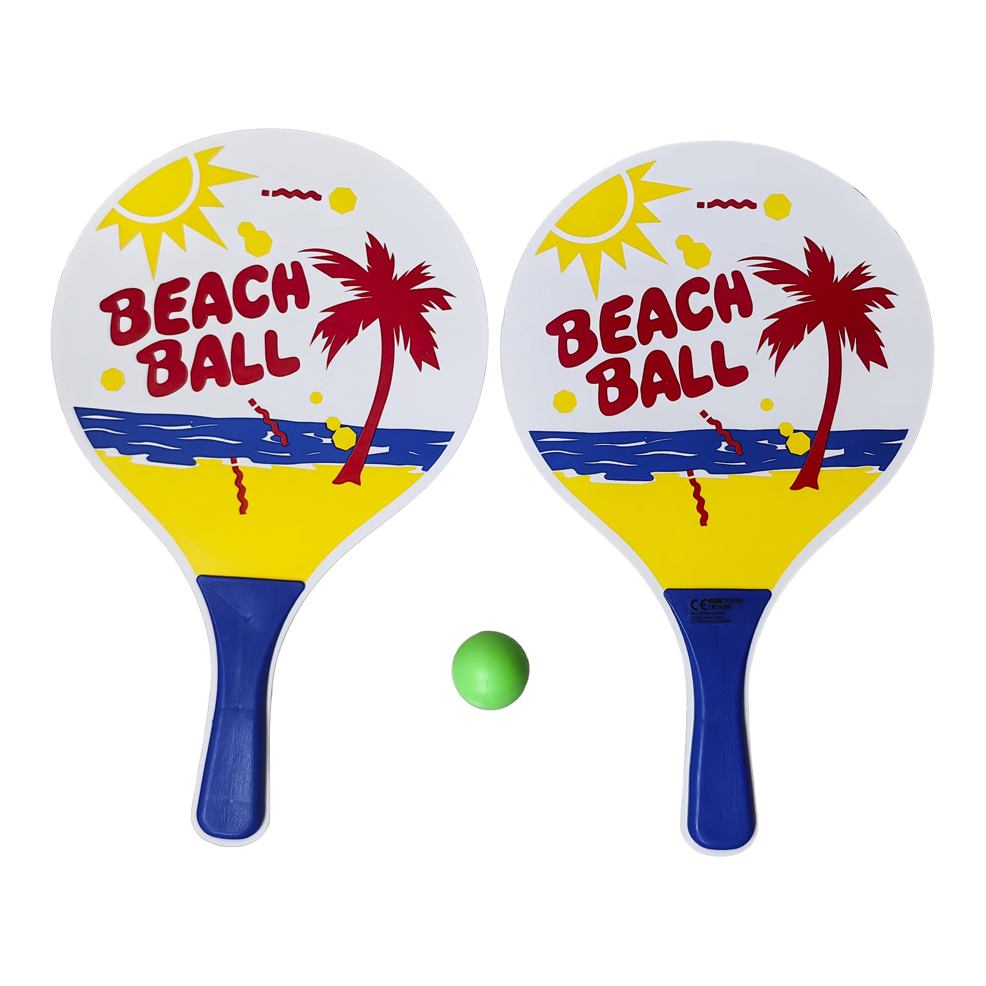 Två strandpaddlar märkta "Beach Ball" med en tropisk scen av palmer, sol och hav, och en liten grön boll mellan dem.