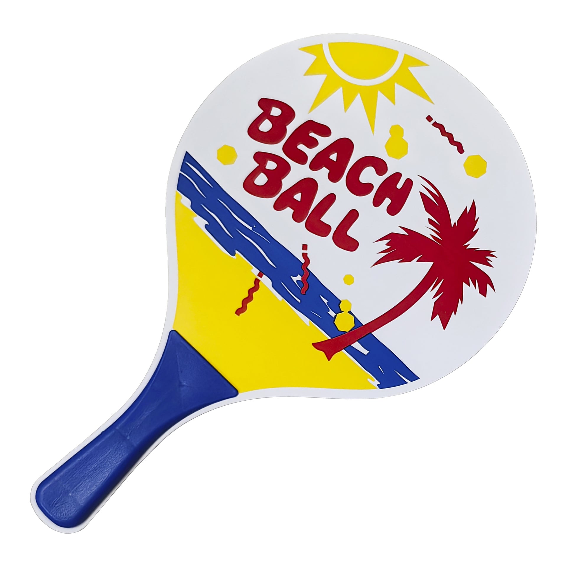 En strandpaddling med blått handtag och vitt ansikte, dekorerad med en gul sol, röd palm, blå vågor och "BEACH BALL" i fetstil.