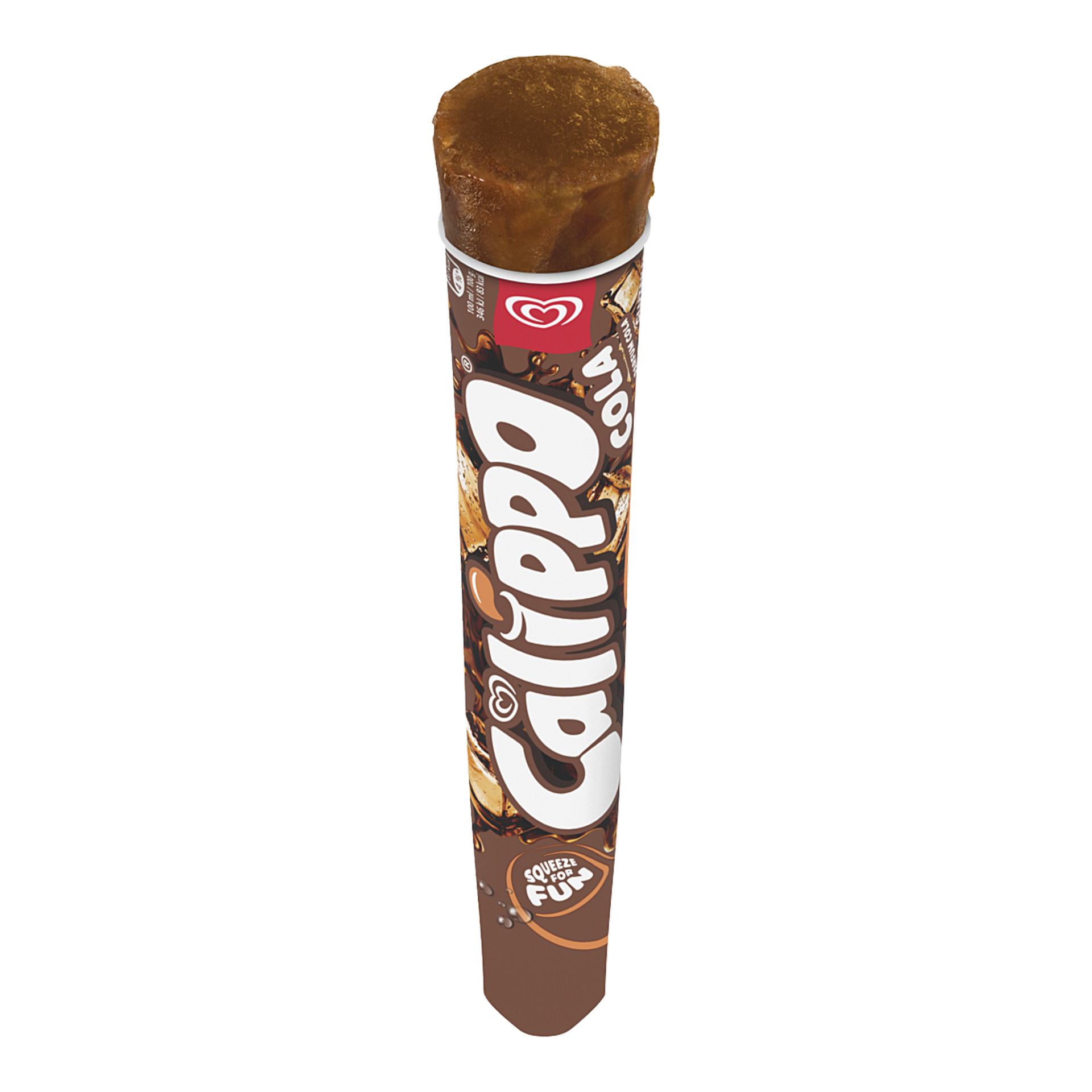 En Calippo Cola isklubba i en brun och vit tub, med den frysta colalocket exponerad. Förpackningen visar bilder av cola och is.