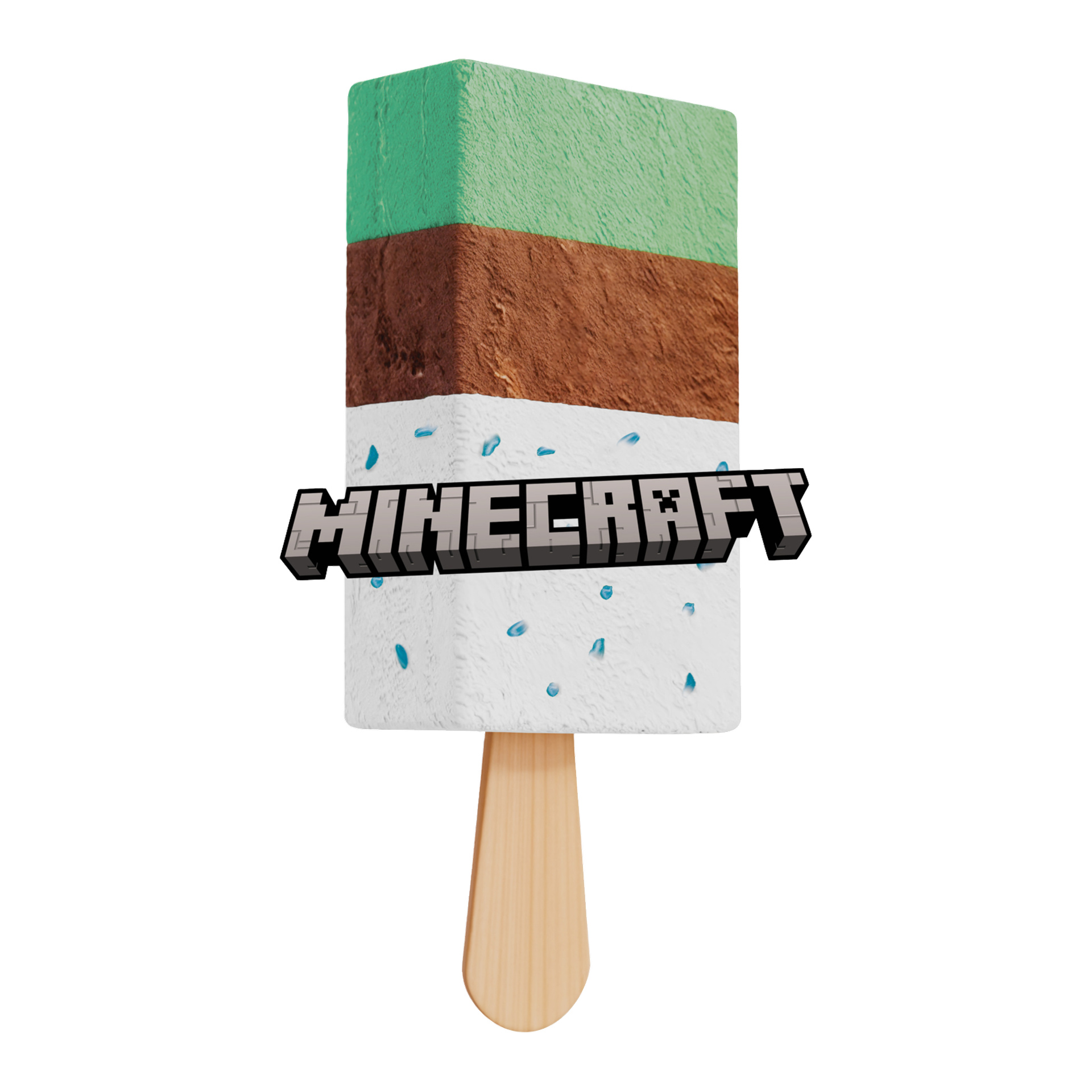 Rektangulär glassbar med gröna, bruna och vita lager, blå strössel, på en träpinne. MINECRAFT i blockig grå text.