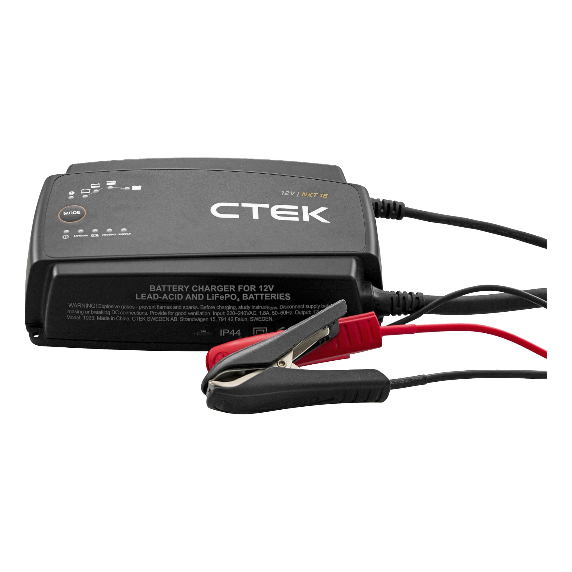 En svart CTEK-batteriladdare för 12V bly-syra- och LiFePO4-batterier, med röda och svarta alligatorklämmor fästa.