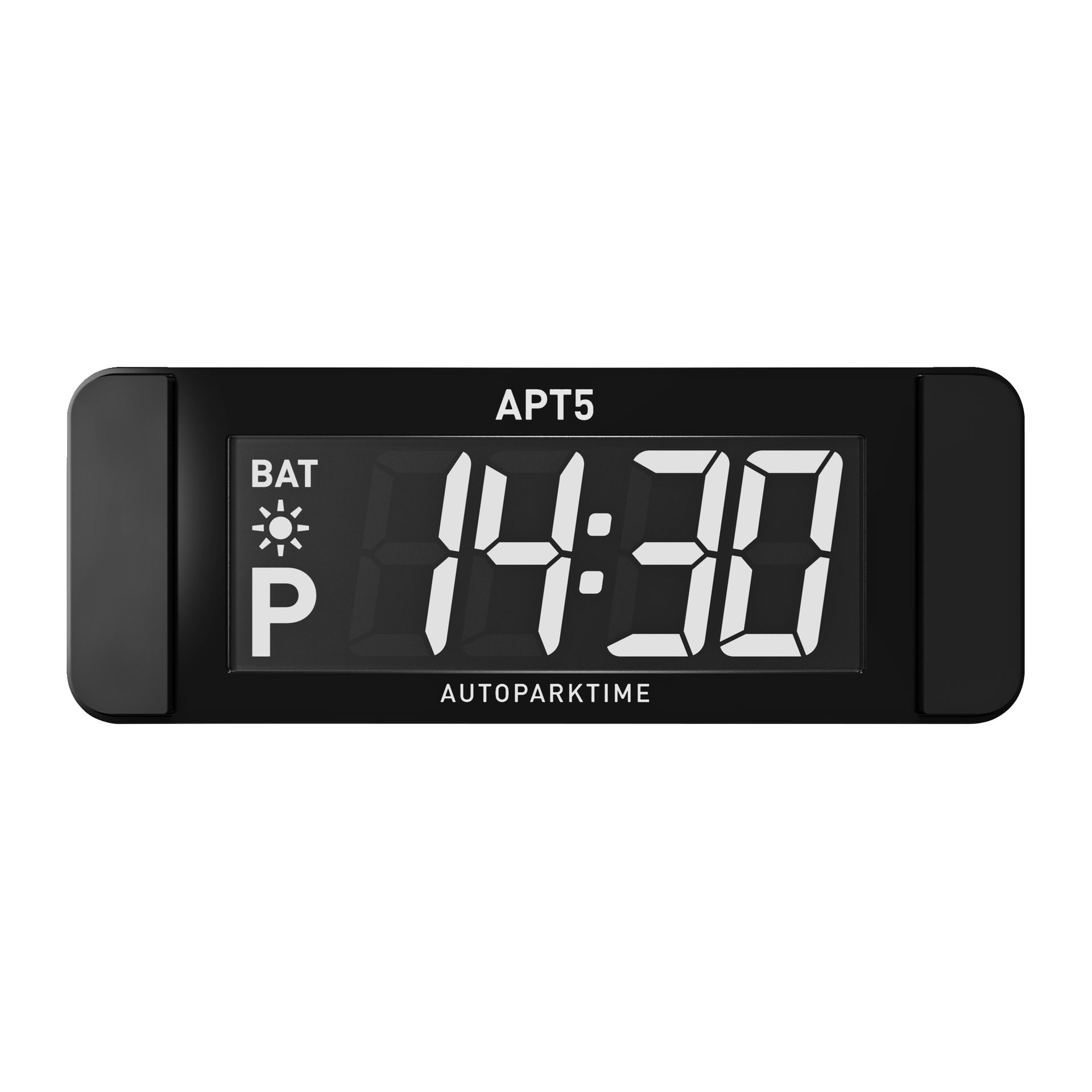 Digital parkeringstimer visar 14:30 med feta siffror, med BAT och en batteriikon till vänster, APT5 AUTOPARKTIME markerad ovan och under.