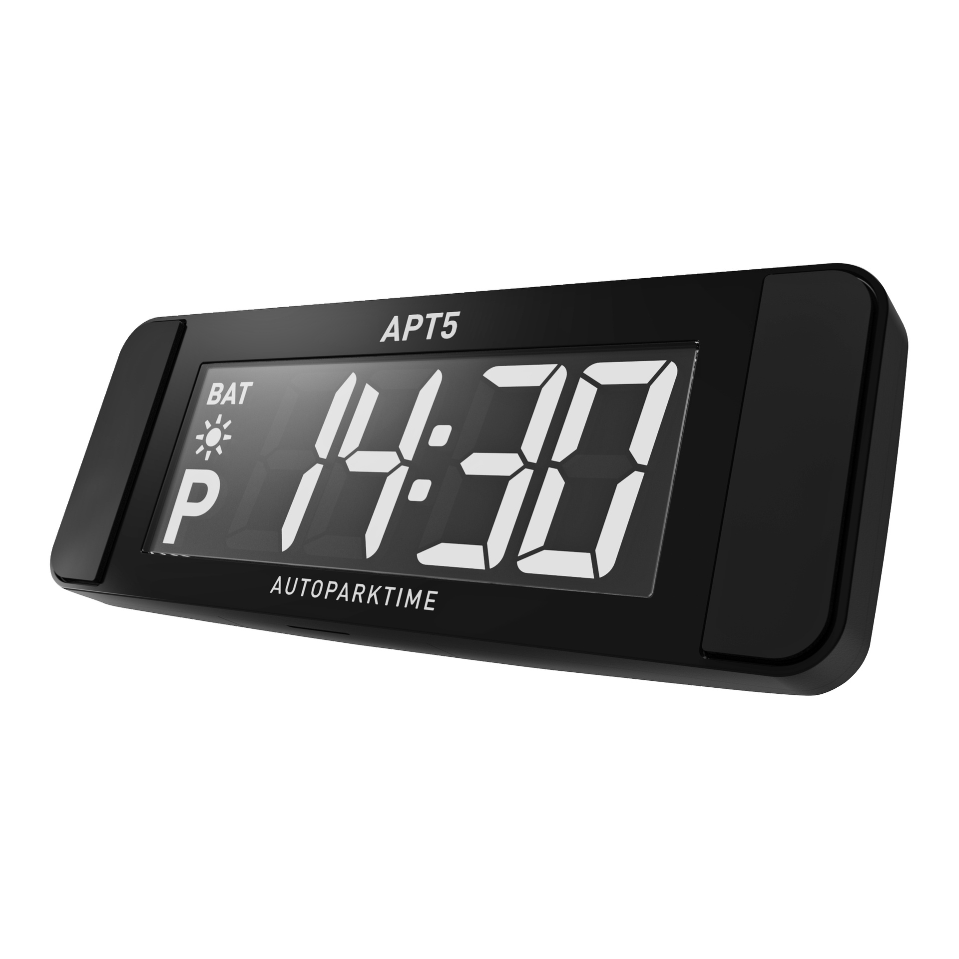 En digital parkeringstimer med svart ram visar 14:30 i feta vita siffror, tillsammans med BAT, en solsymbol, P, APT5 och AUTOPARKTIME.