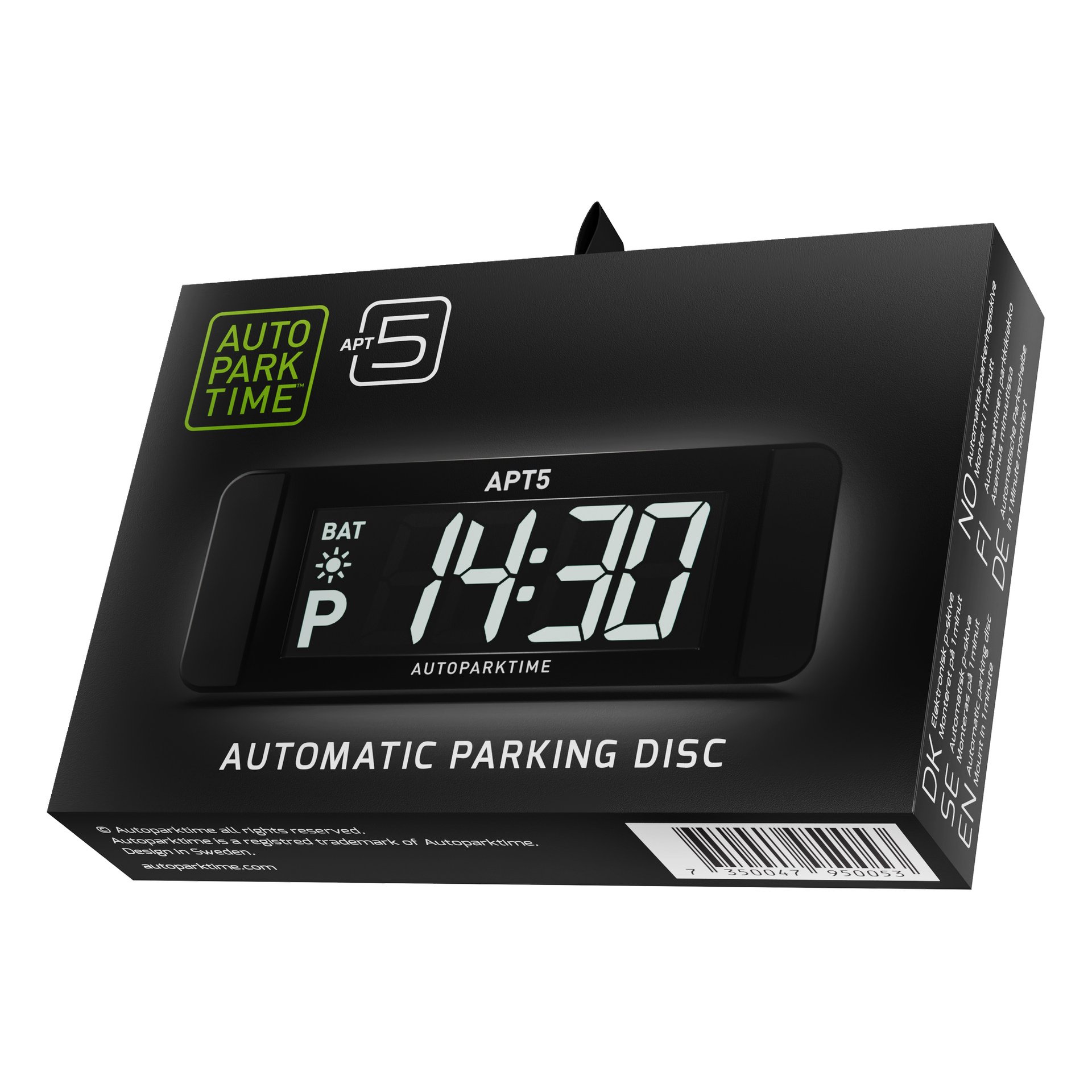 En svart ruta visar AUTOPARKTIME APT5 automatisk parkeringsskiva med en digital skärm som visar 14:30 och indikatorikoner.