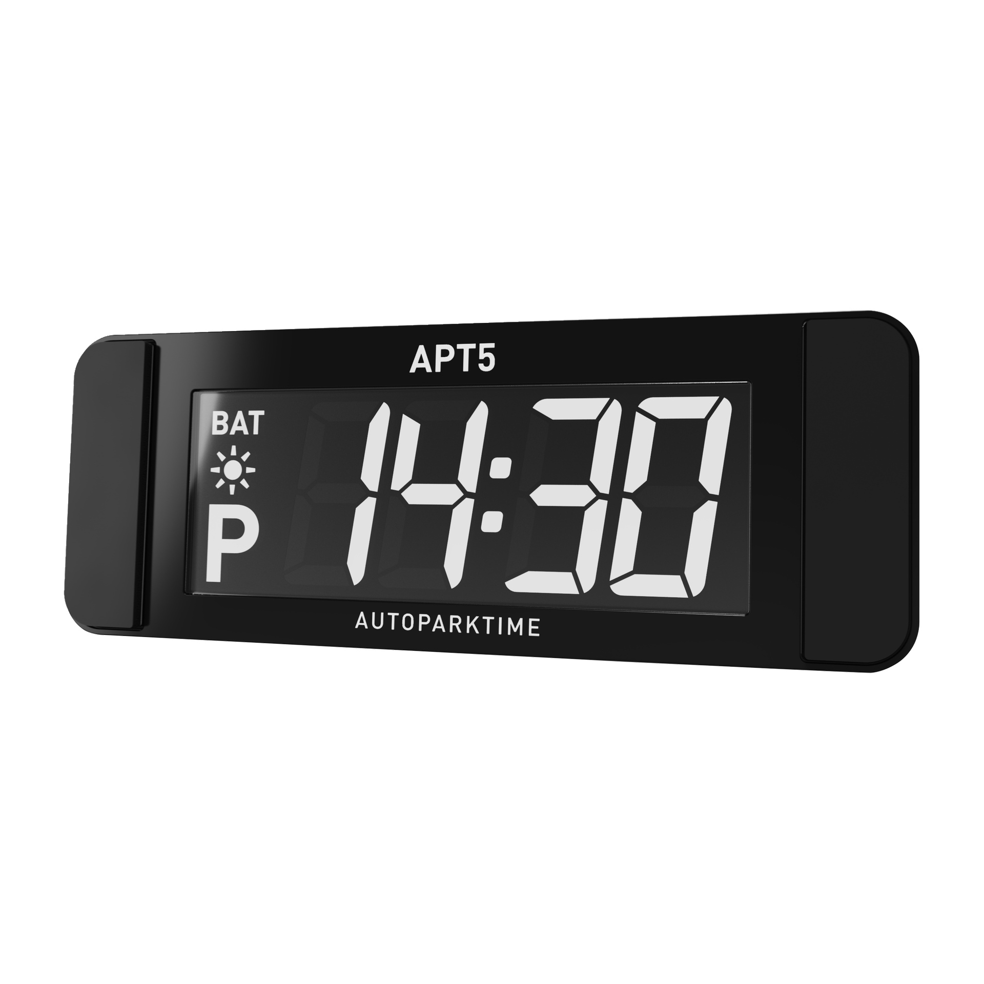 En svart digital parkeringstimer visar APT5 ovanpå, visar en batteriikon med P, 14:30 i stora siffror och AUTOPARKTIME nedanför.