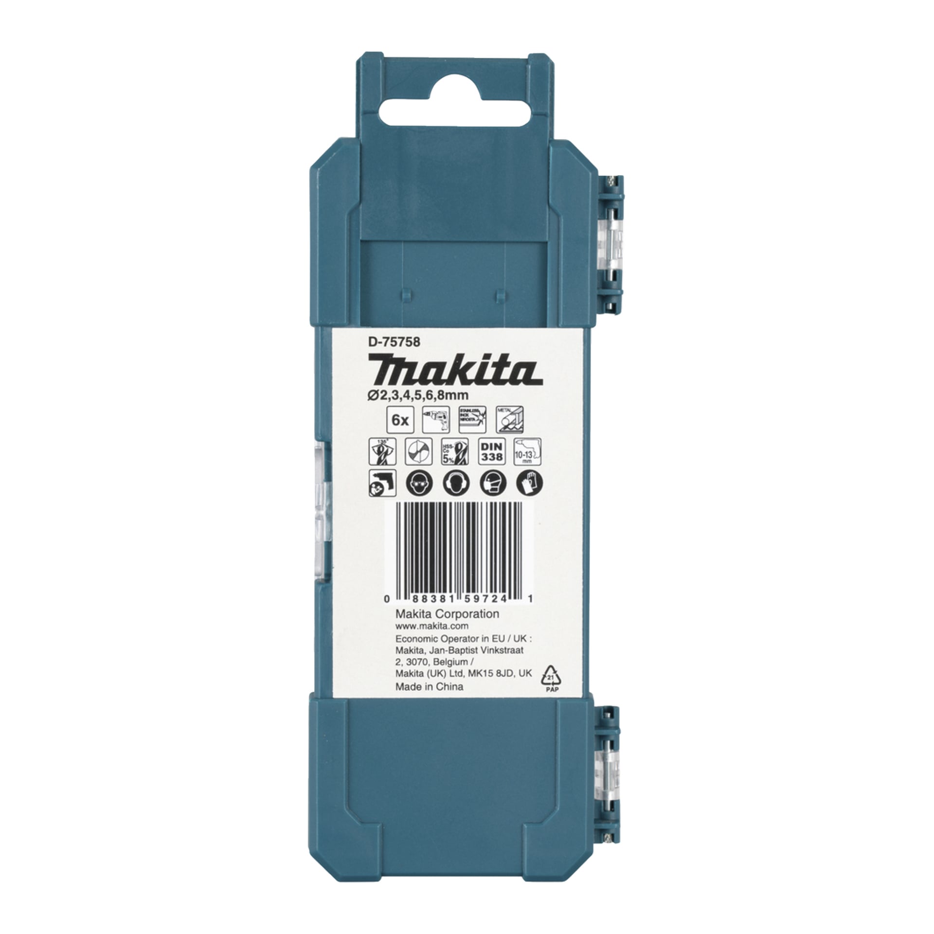 Makita plastkasse med en hvit etikett som viser borebit 2–8 mm, produktdetaljer, symboler, strekkoder og produsentinformasjon.