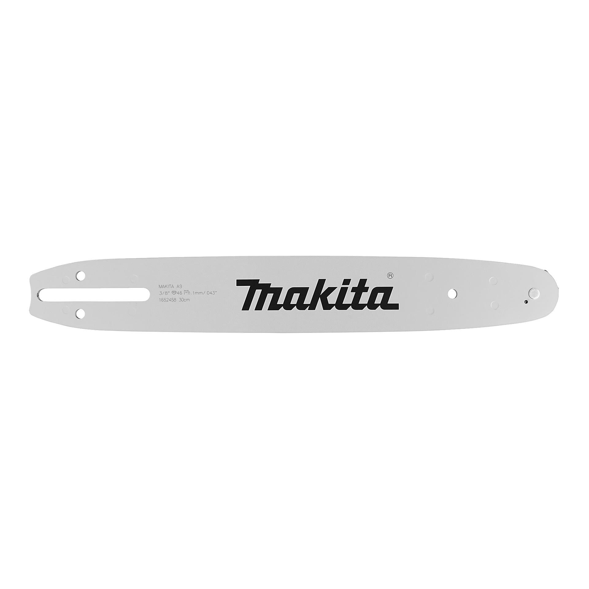 Motorsågsstång 191G15-1 har monteringshål, en kedjespår och en djärv Makita-logotyp på sin metalliska silveryta.
