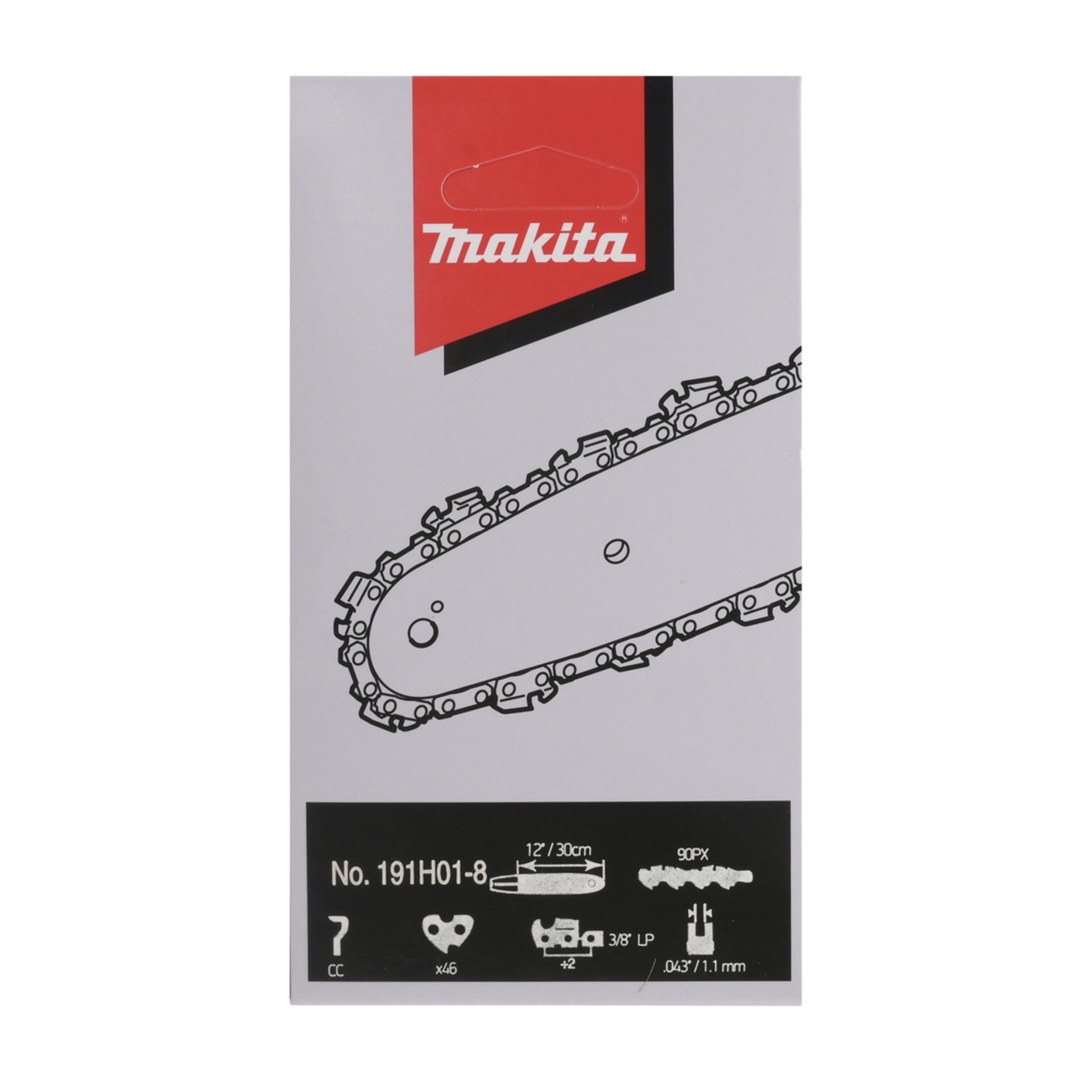 Makita Saw-kedja 191H01-8-paket med illustrerad kedja, Makita-logga och ikoner för 12"/30 cm, 46 länkar, 3/8", 0,043" och 7cc.