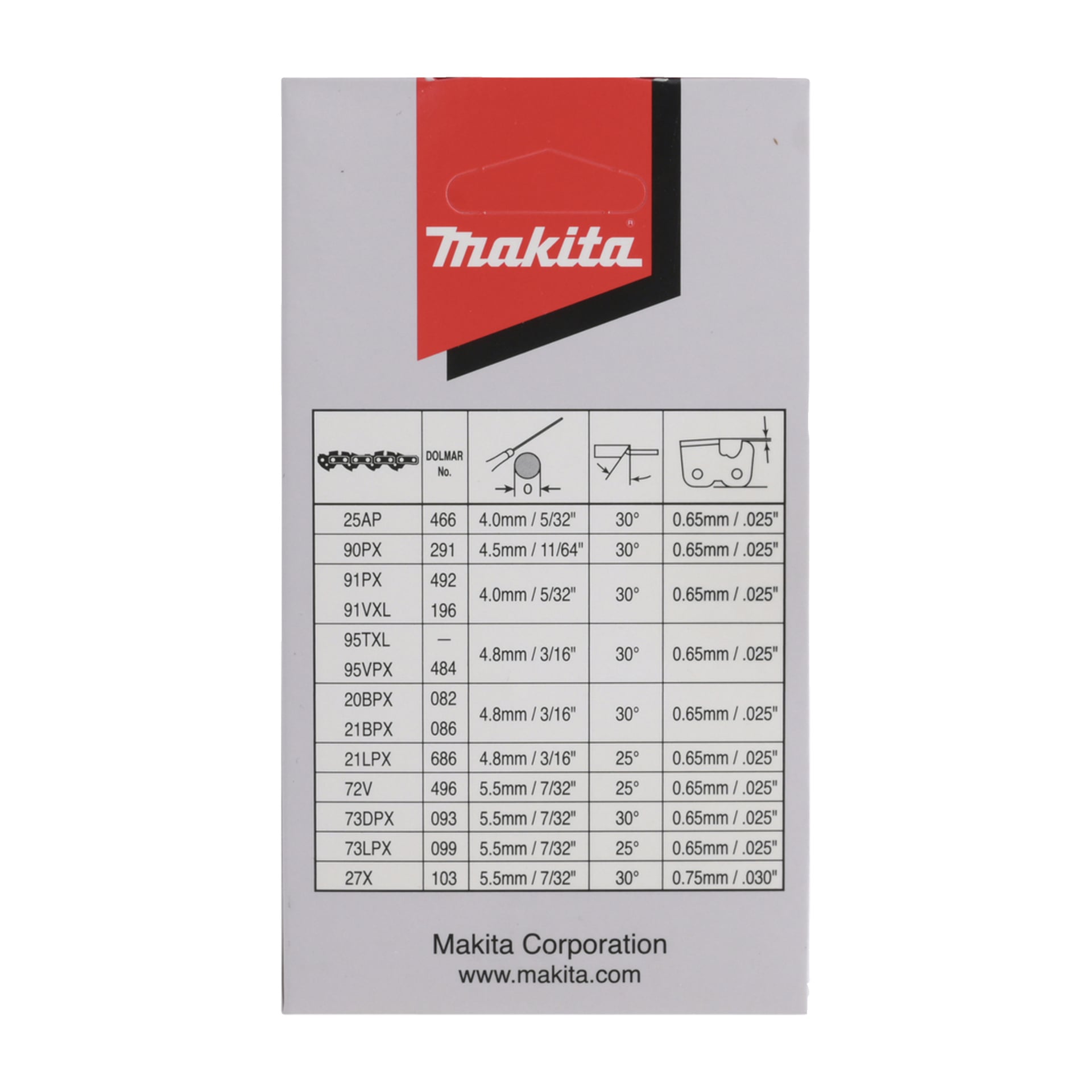 Baksidan av Makita 191H01-8 sågkedjan visar en specifikationstabell, Makita-loggan ovanför och företagsinformation längst ner.