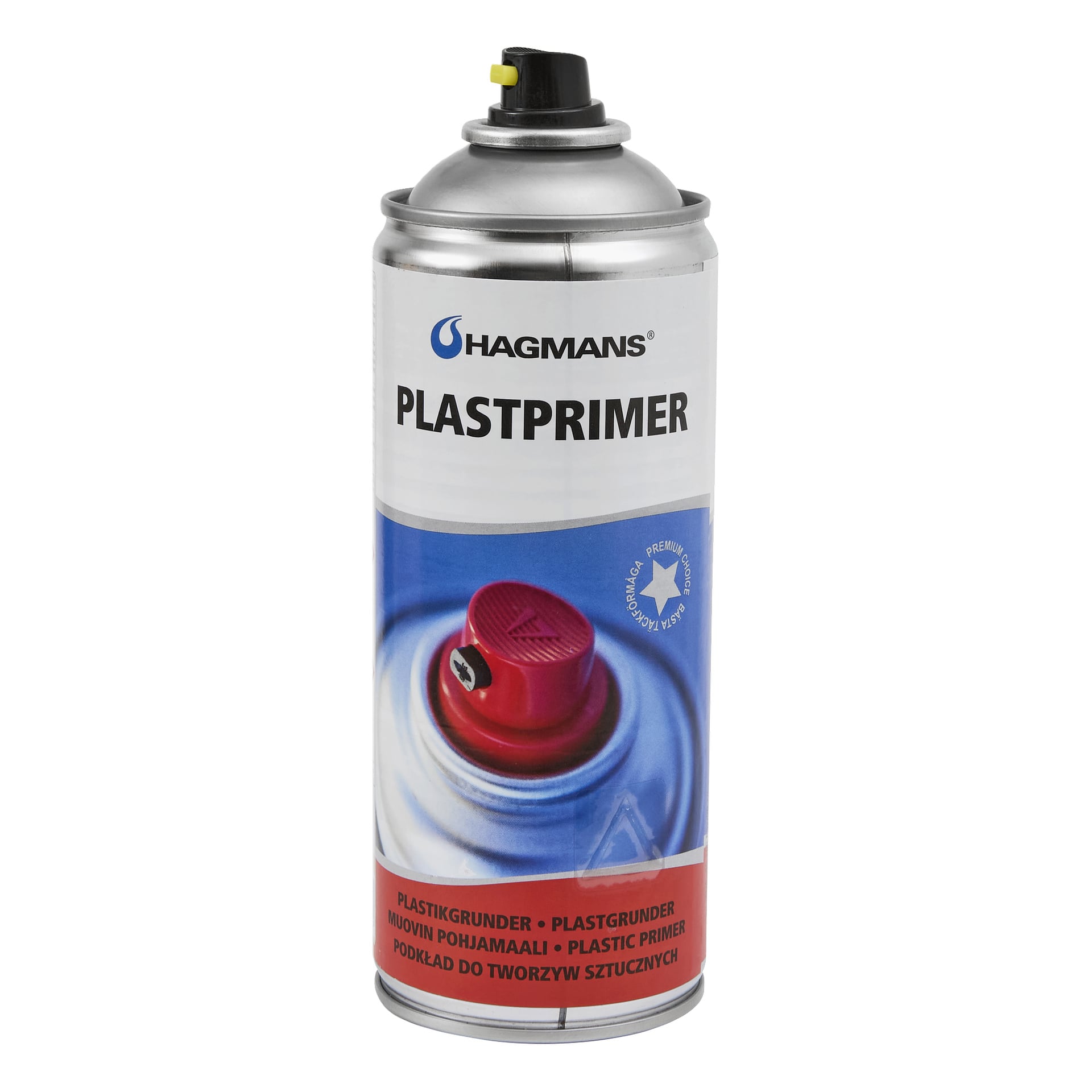 En silverfärgad Hagmans Plastprimer-sprayburk med svart munstycke och gul spets, med text på etiketten och en sprayande röd lock bild.