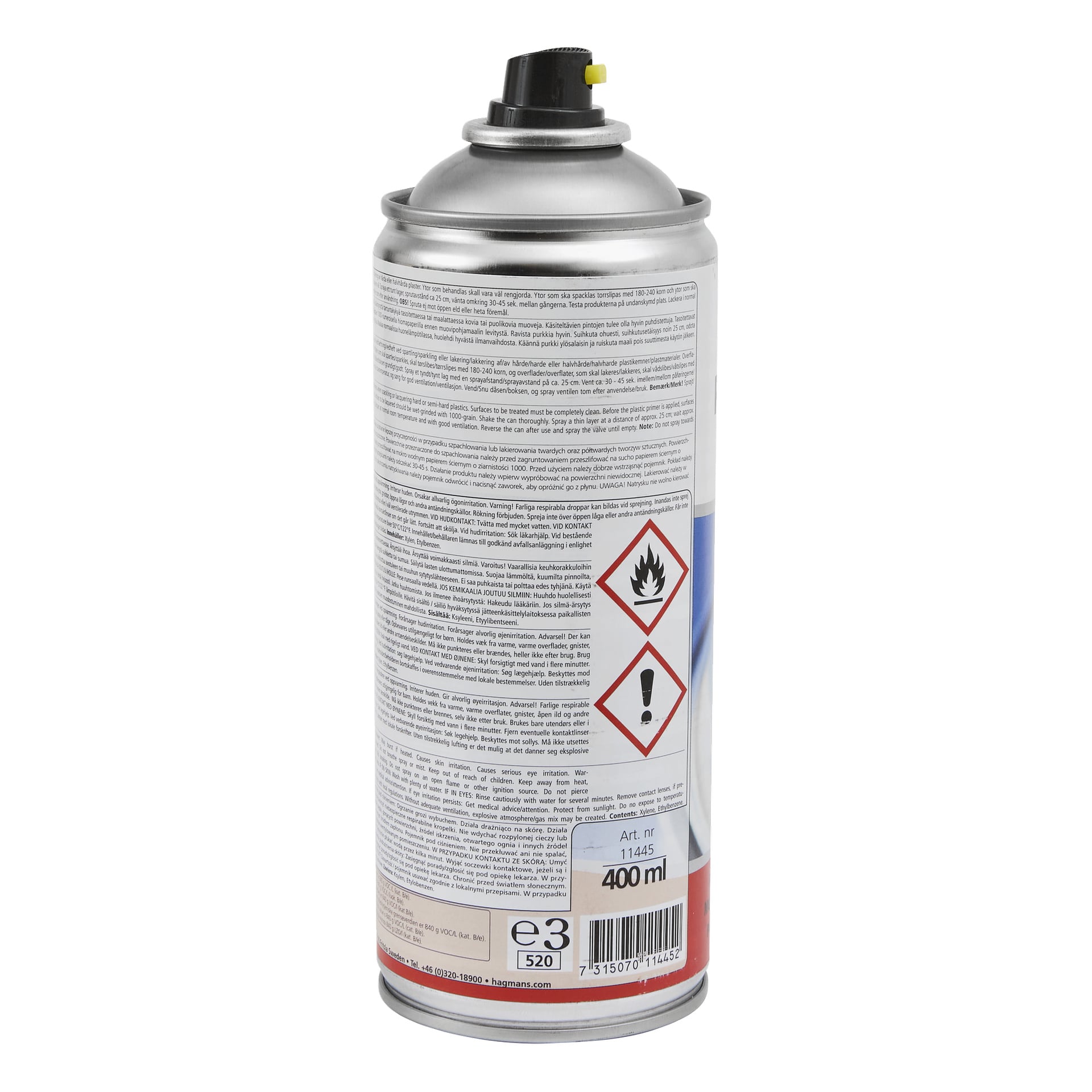 Silverfärgad sprayburk med svart munstycke och gul spets, varningssymboler, detaljerad säkerhetstext och 400 ml kapacitet.