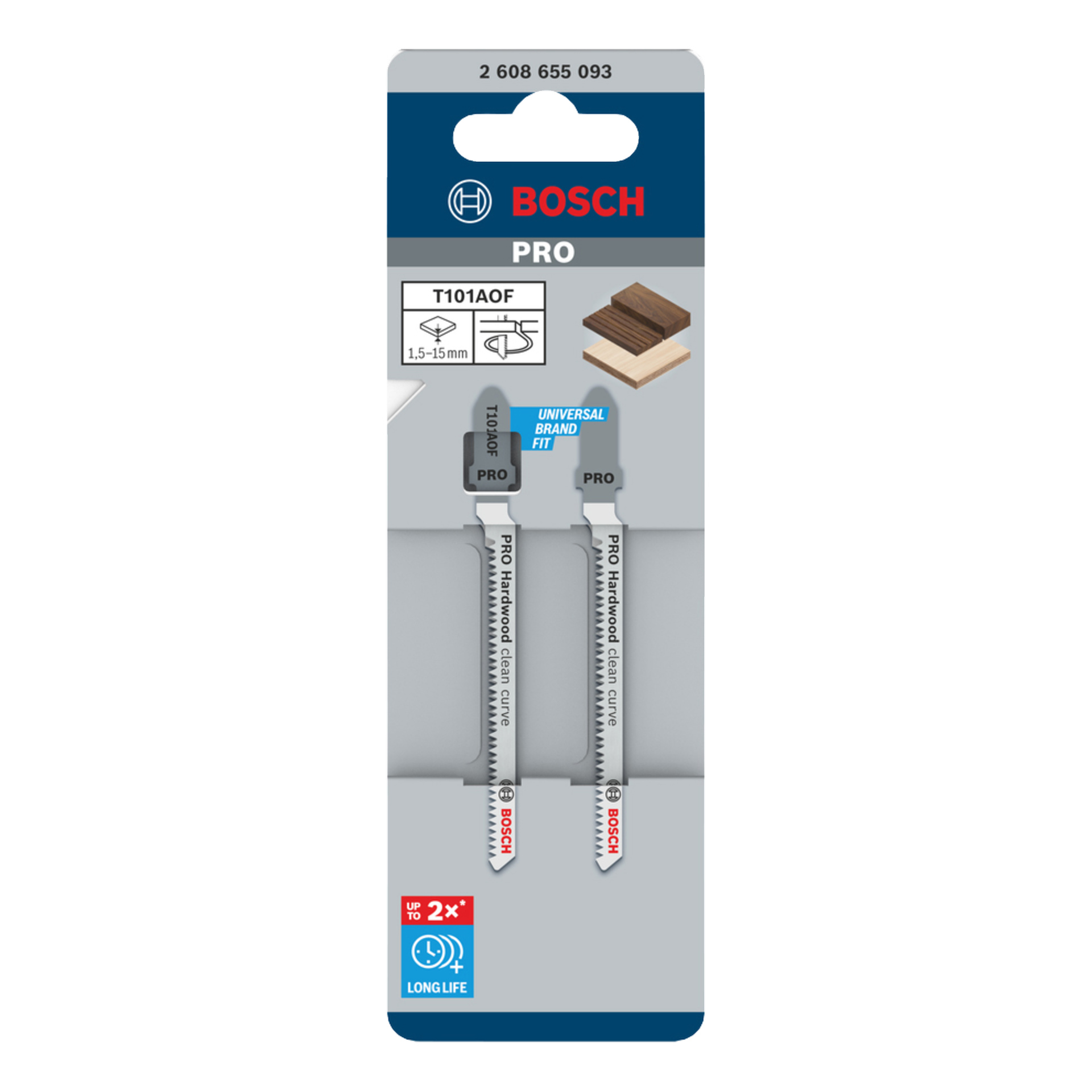 Bosch PRO T101AOF sticksågsblad, 2-pack för hårdträ, "lång livslängd", passar flera märken, 1,5–15 mm tjocklek, i butiksförpackning.