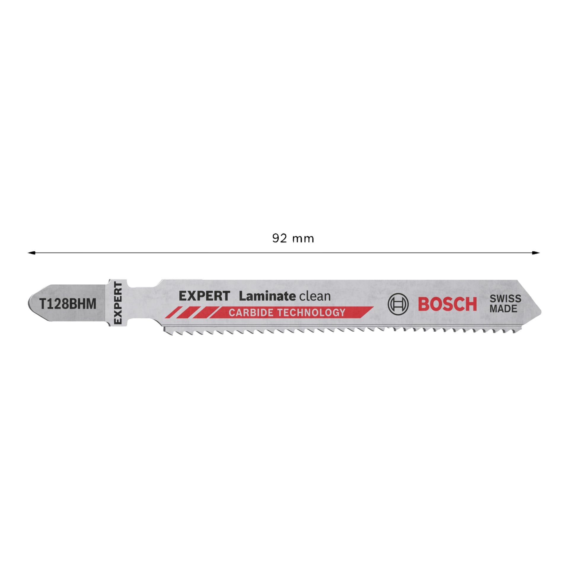 Bosch T128BHM Expert Jigsaw-terä, 92 mm pitkä, merkitty laminaattipuhdas, Carbide Technology, Swiss Manufacture; Toisella reunalla on hienot hampaat.