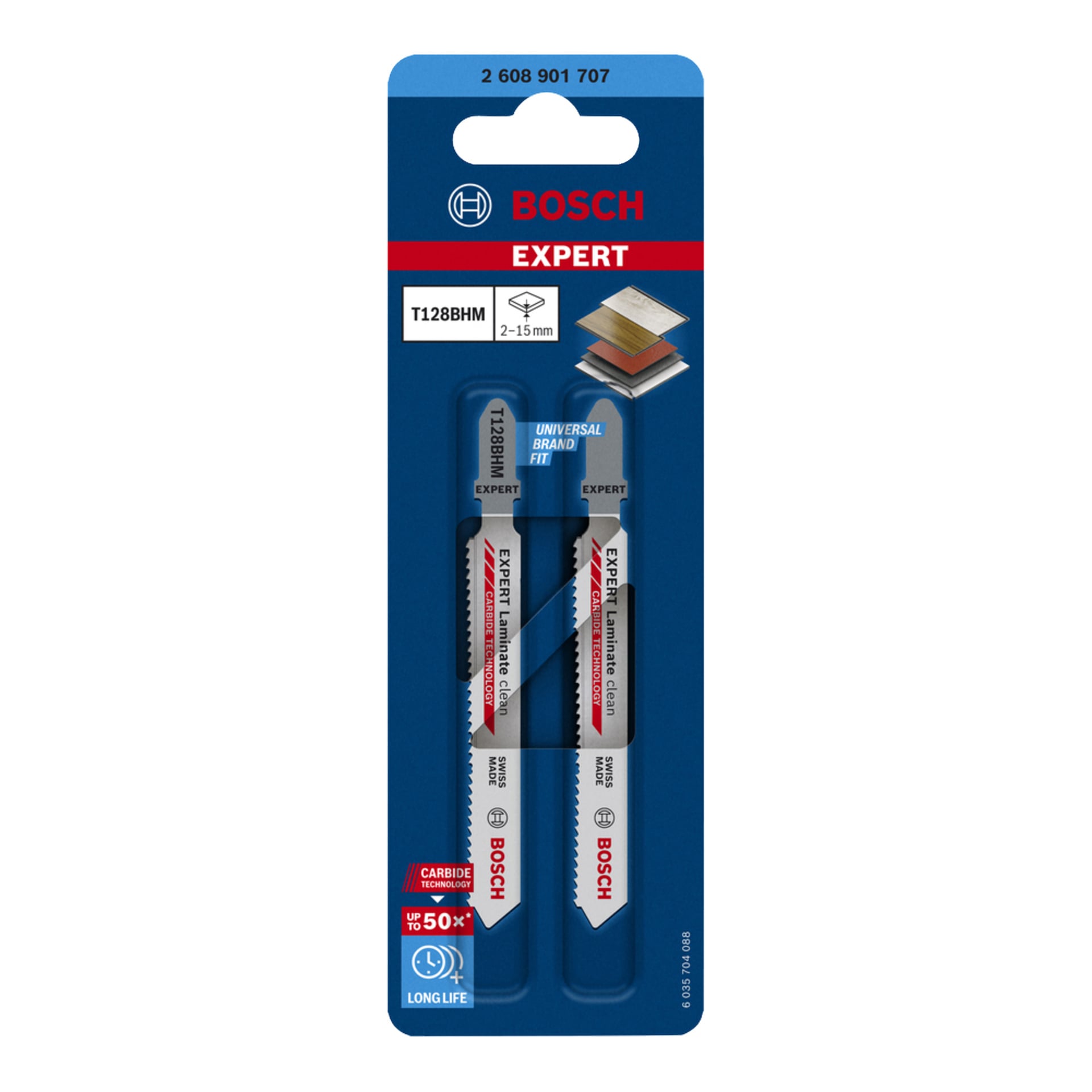 Bosch Expert T128BHM palapeliteriä pakkauksessa, suunniteltu laminoituksi, leikkauspaksuus 2–15 mm, karbidi- ja yleiskäyttöisellä sovituksella.
