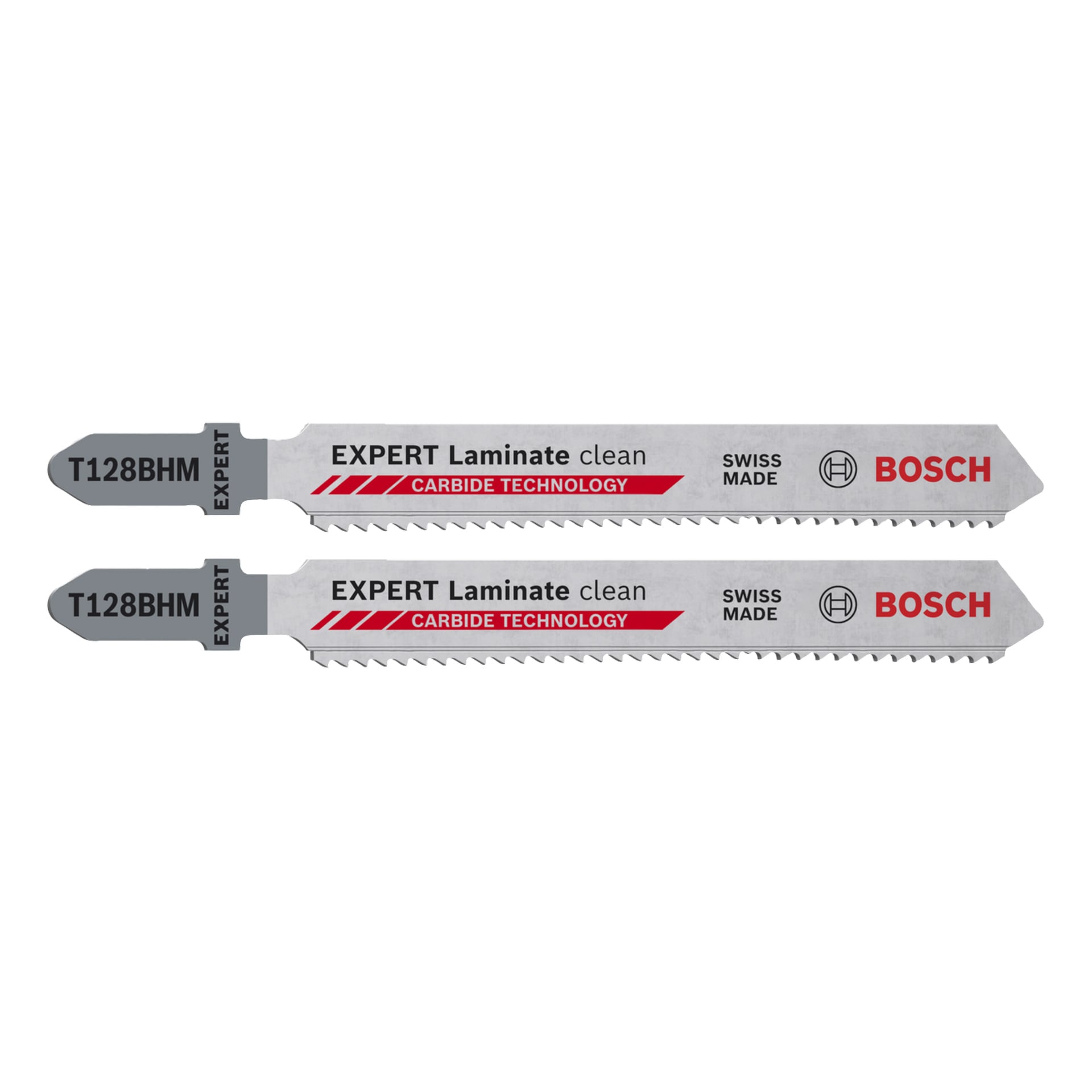 Boschin T128BHM palapelin terät oli merkitty EXPERT Laminate -puhtaaksi, ja siinä näkyy karbiditekniikka sekä painettu brändäys metallissa.