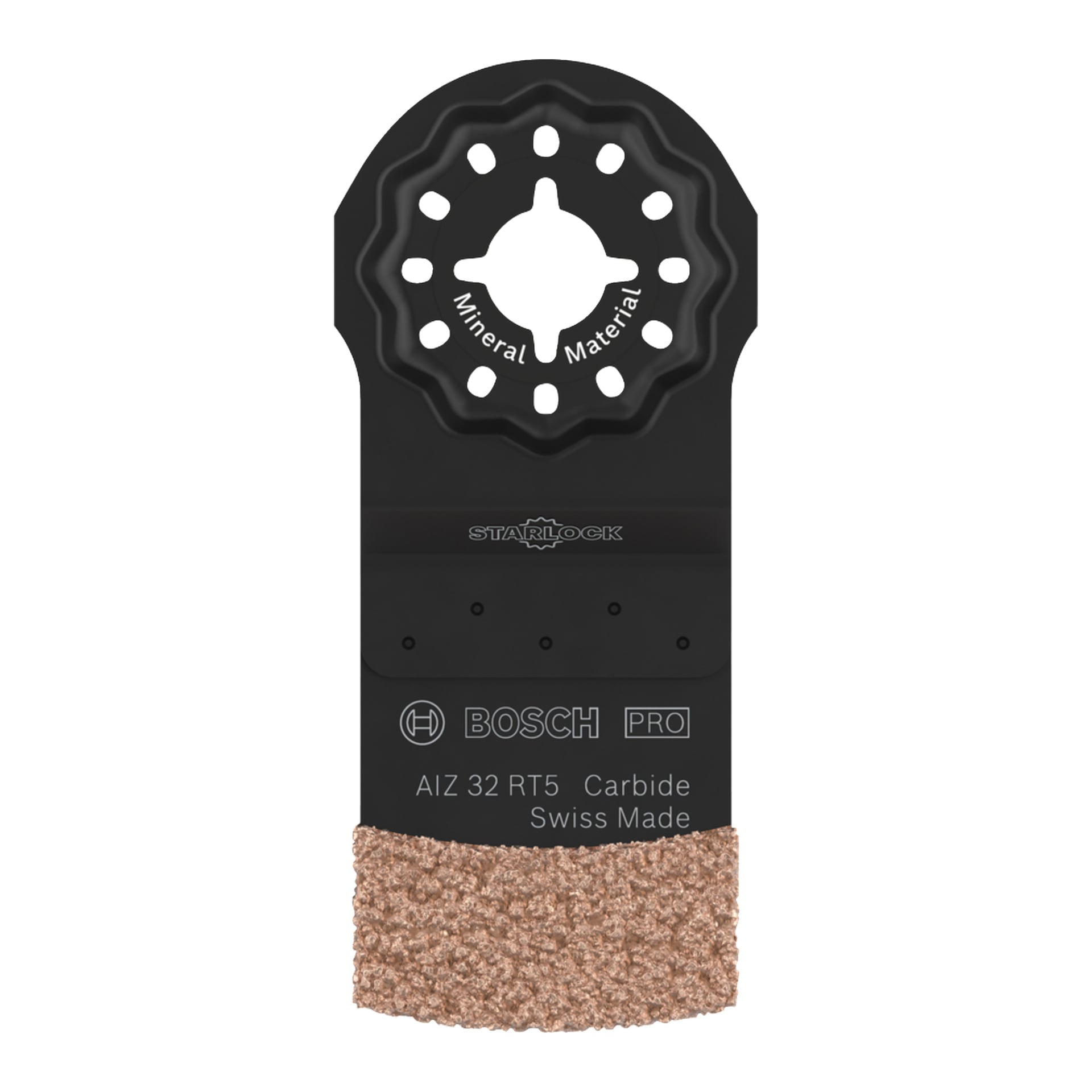 Bosch Starlock-oscillerande blad märkt AIZ 32 RT5 Carbide, med en svart kropp och guldfärgad karbidkant för att skära mineraler.
