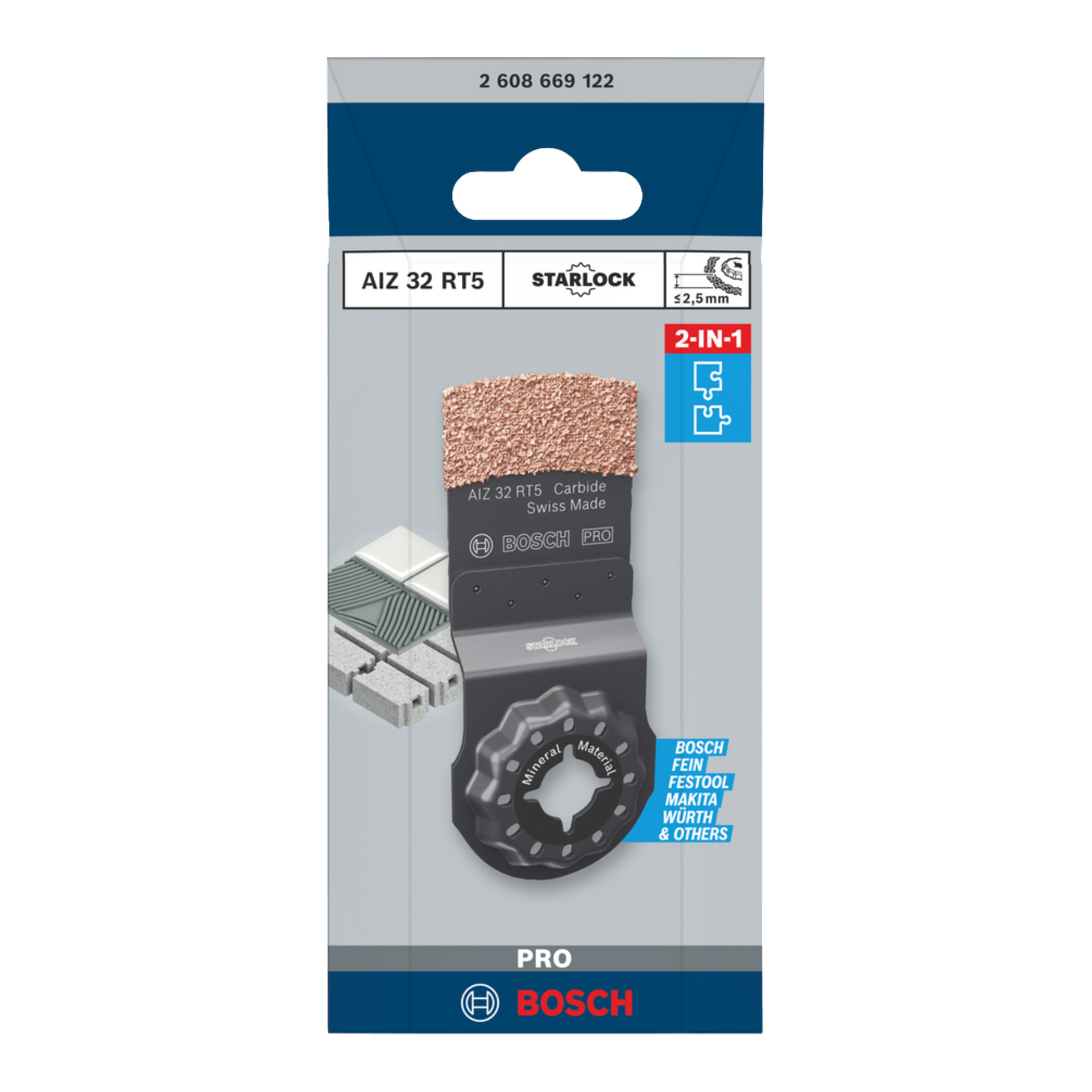 Bosch Starlock AIZ 32 RT5 Pro oscillerande multiverktygsblad i förpackning, med karbid-grit egg och verktygsmärkes-kompatibilitetsinformation.