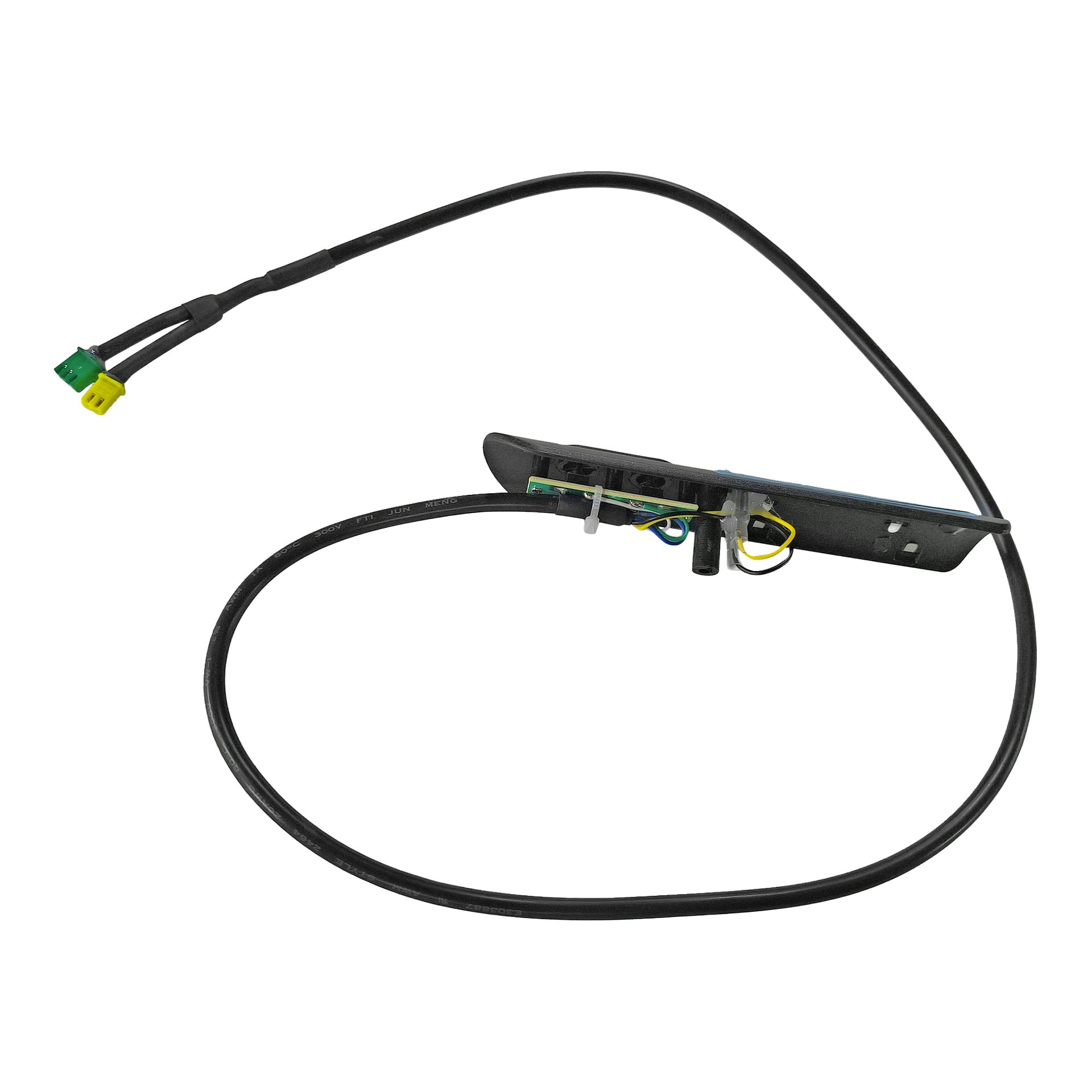 Start/stopp-löpbandsknapp med svart sensor, rektangulär montering, ledningar och gröna och gula kontakter i kabeländarna.