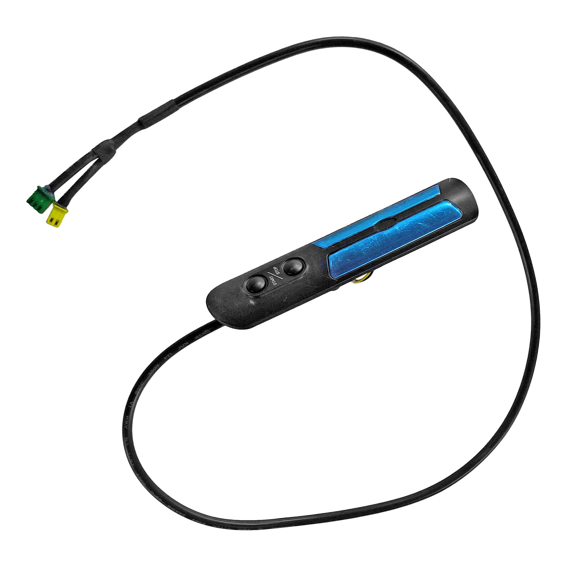 Ett slankt, svart elektroniskt löpbandsstyr med blå accent, två knappar och en ledning med gröna och gula kontakter.