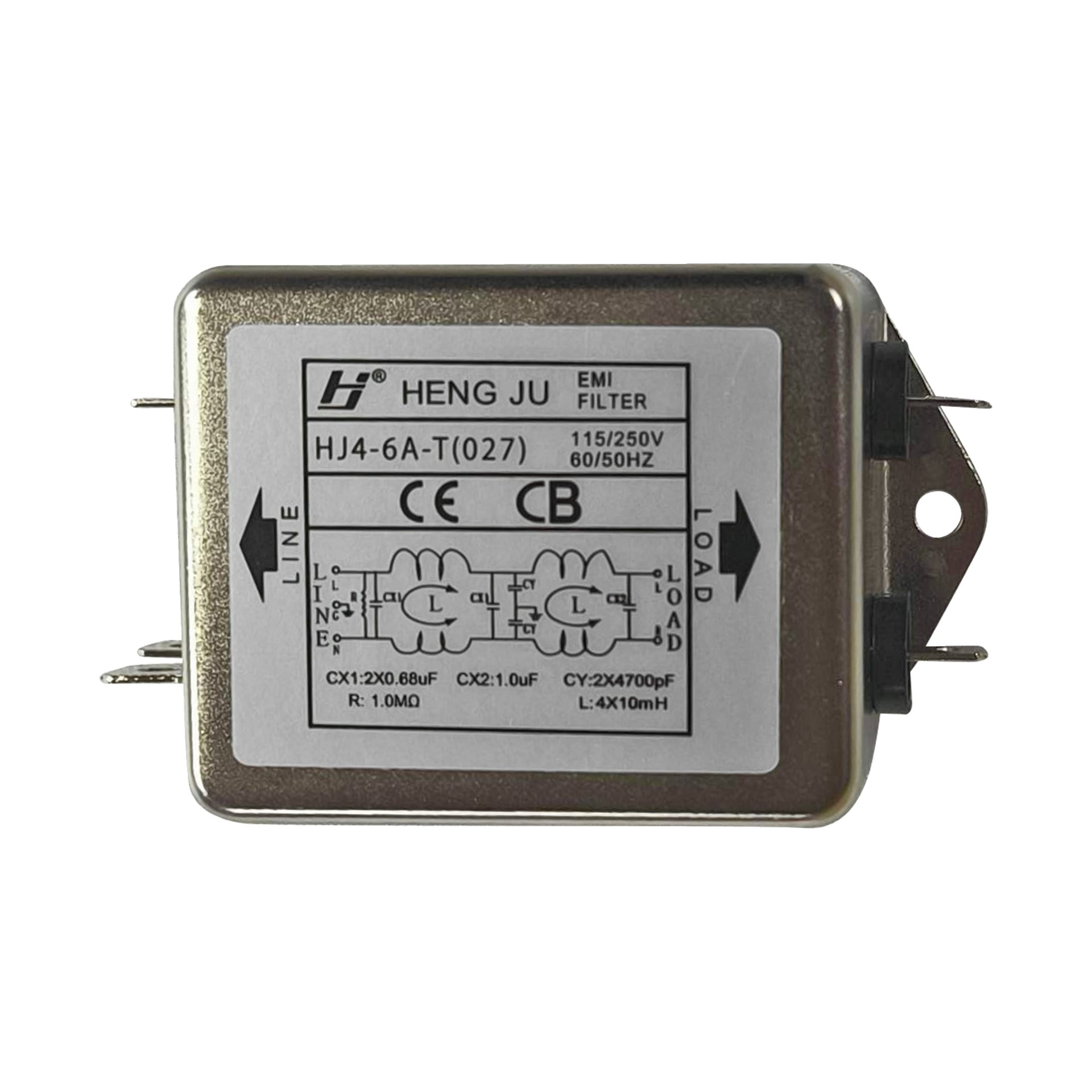 Rektangulärt metall-EMI-filter märkt HENG JU HJ4-6A-T(027) visar specifikationer, certifieringsmärken, diagram och sidoterminaler.