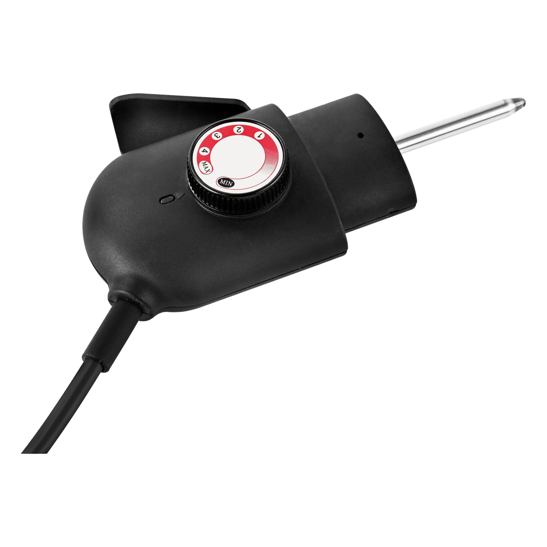 Närbild av en elektrisk grillkontroller som visar en svart ratt märkt Min och 1–5, med en strömkabel ansluten.