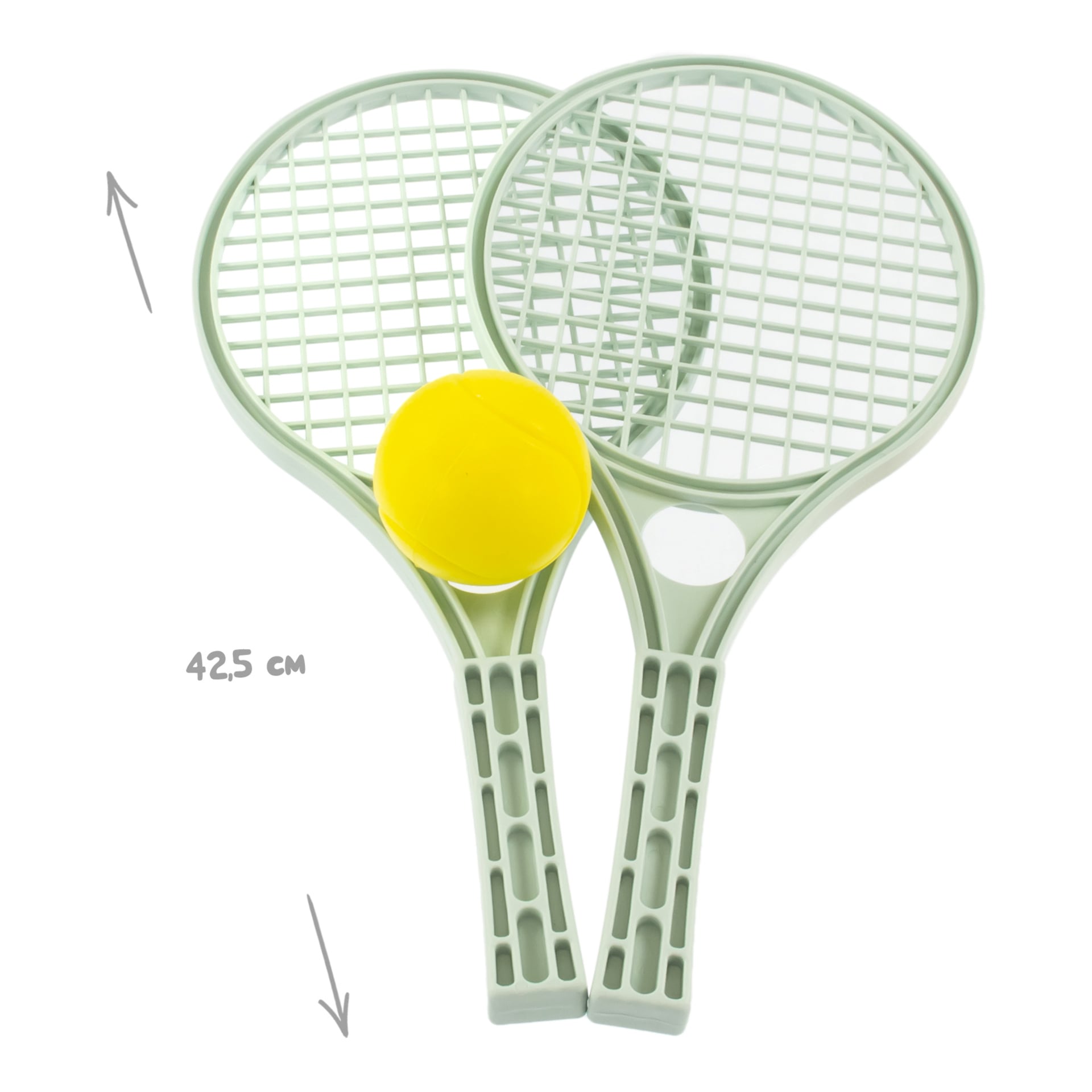 Två ljusgröna racketar med rutmönster korsas och håller en gul boll. En etikett visar deras längd som 42,5 cm med pilar.