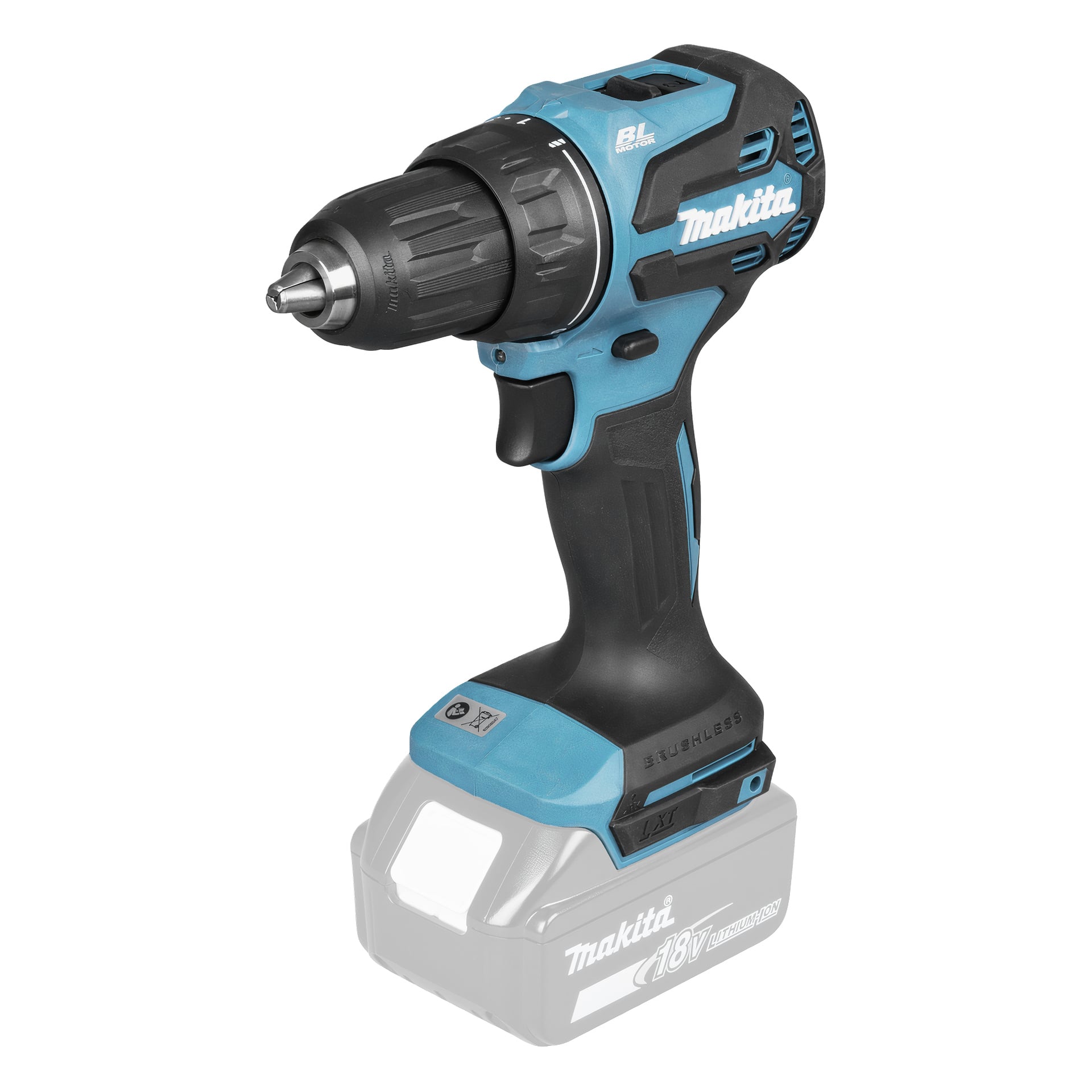 Makita blå och svart sladdlös borr med borstlös motor, batteriet borttaget, vinklat åt vänster, märkning syns på sidan.