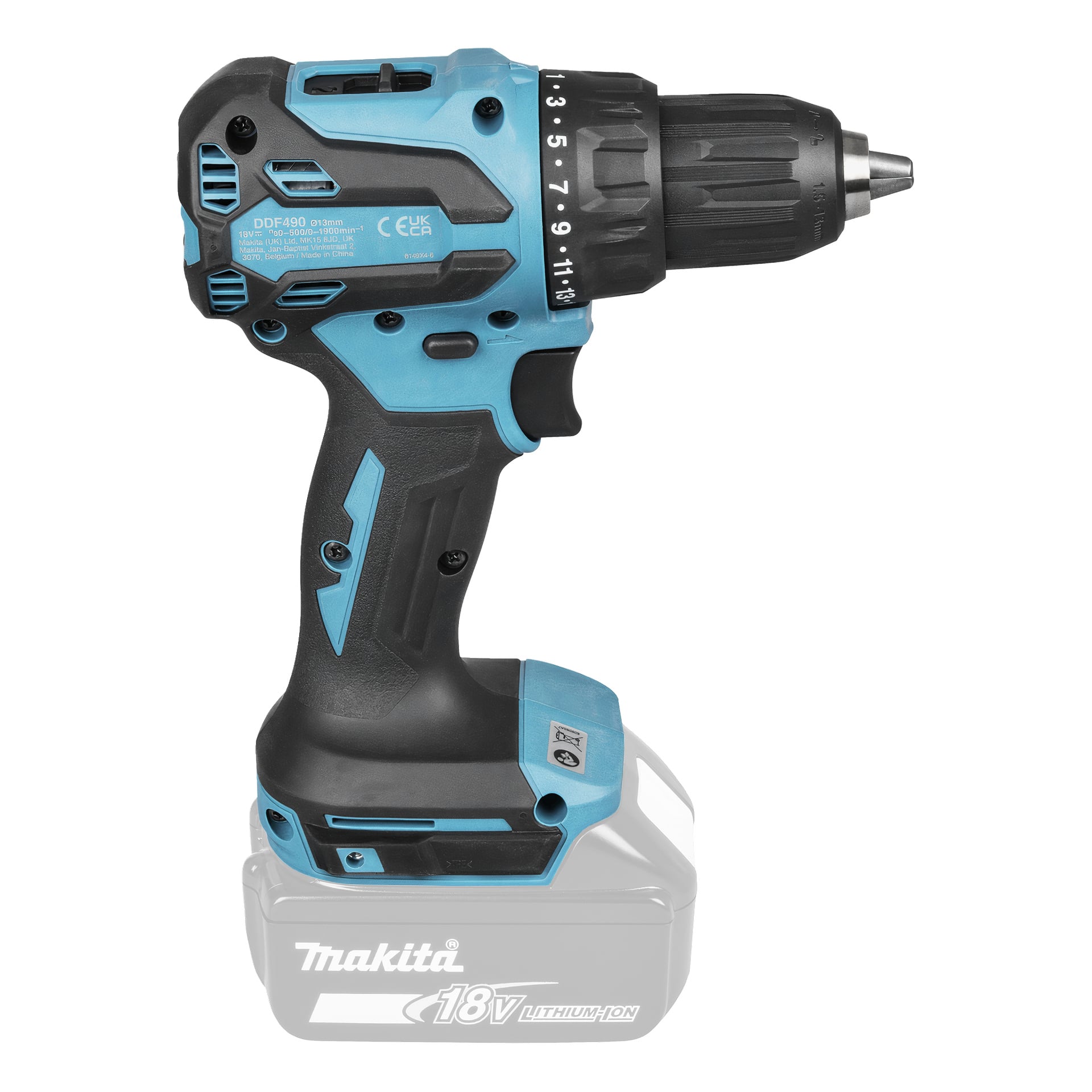 Blå och svart Makita 18V sladdlös borrmaskin med ett monterat batteri i basen och en justerbar vridmomentratt vid chucken.
