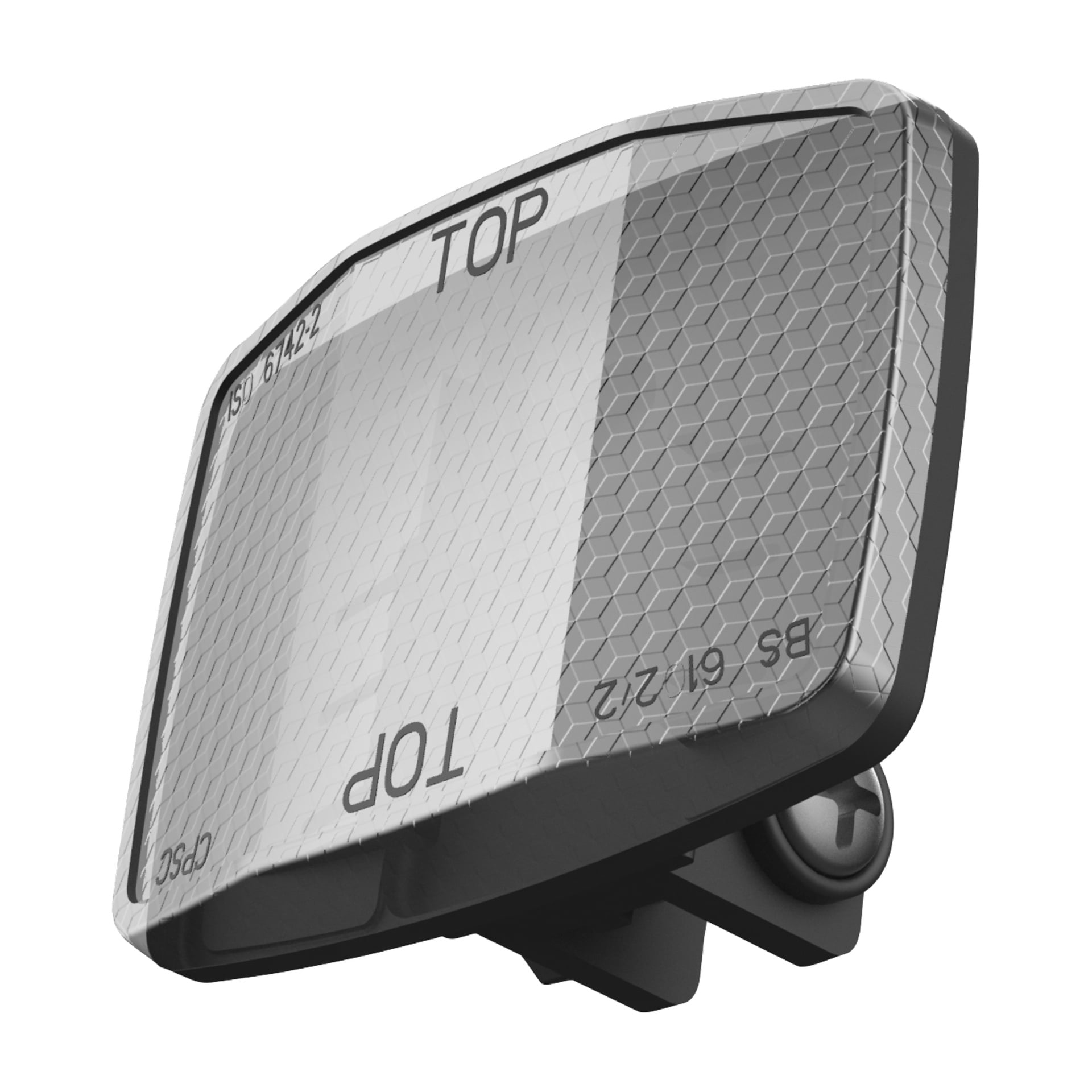 Närbild av en rektangulär frontreflektor för en elscooter, sexkantig design, "TOP" på båda sidor, fäst på ett litet svart fäste.