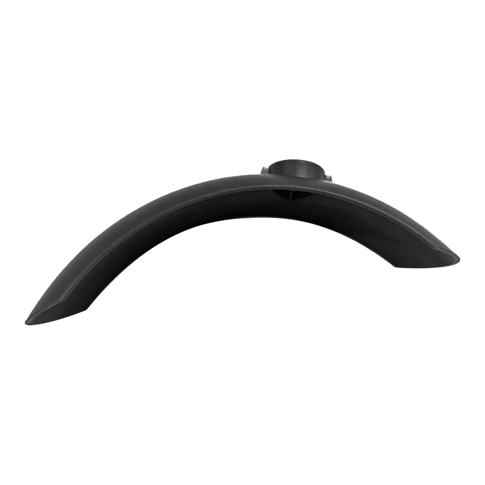Svart plastskydd fram för elscooter, böjt med en slät yta och centralt cirkulärt fäste, fungerar som skyddande skärm.