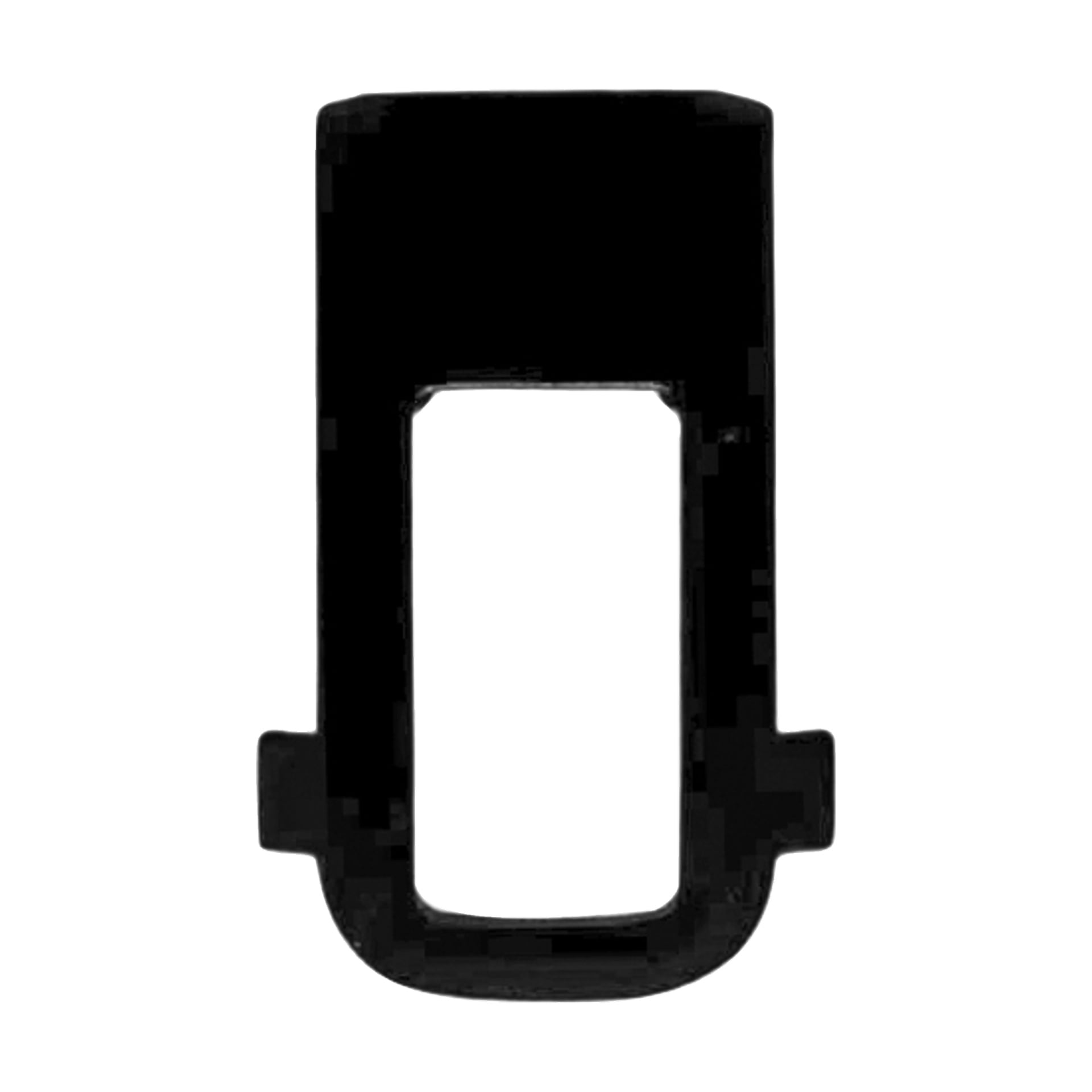 Ett svart rektangulärt hållare av plast eller metall för elsparkcyklar, med ett stort öppet centrum och två små sidoflikar längst ner.
