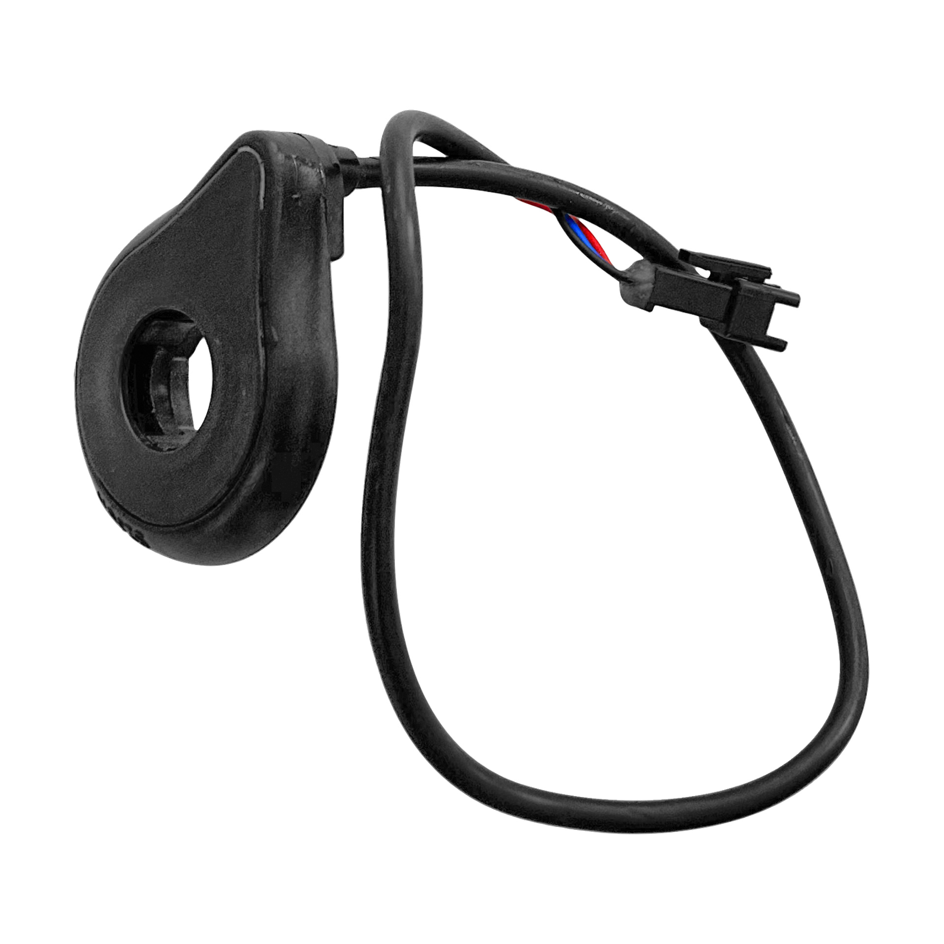 En svart elektrisk sykkelsensor med en rund del og en ledning som holder røde, blå og svarte ledninger i en tre-pinners kontakt.