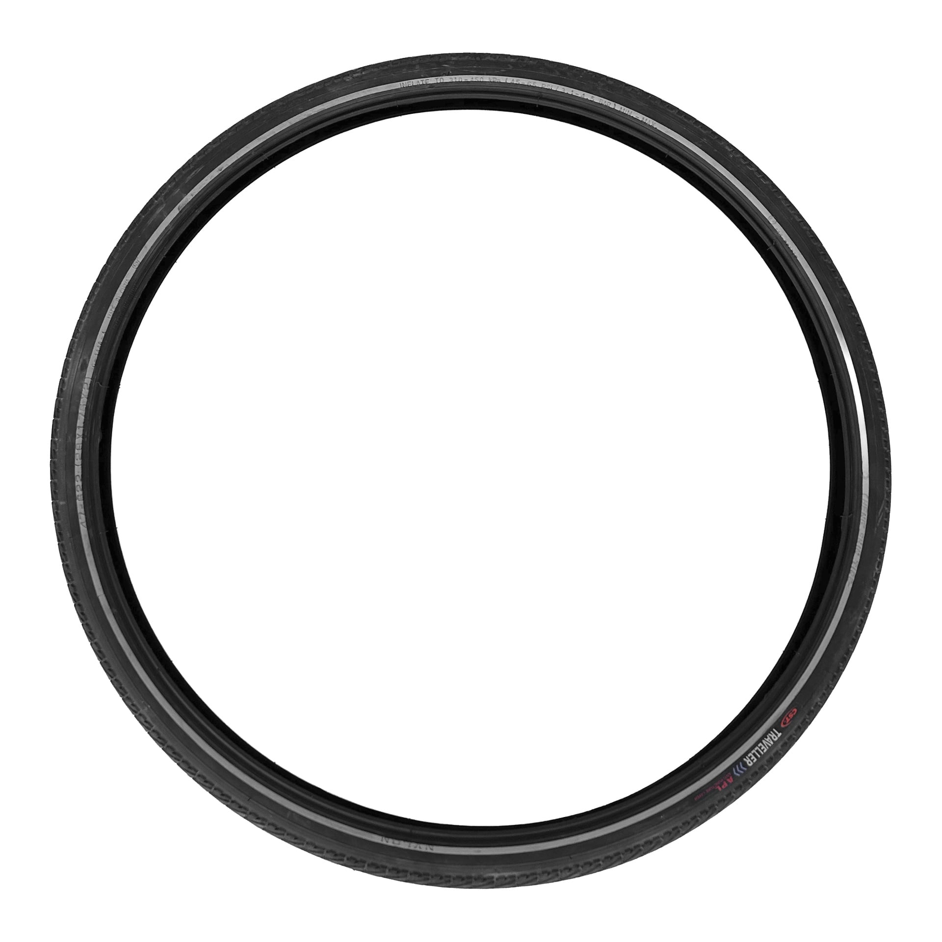 Ett enda svart Tyres elcykeldäck sett ovanifrån, med cirkulär form och tydliga mönster- och sidoväggsdetaljer.