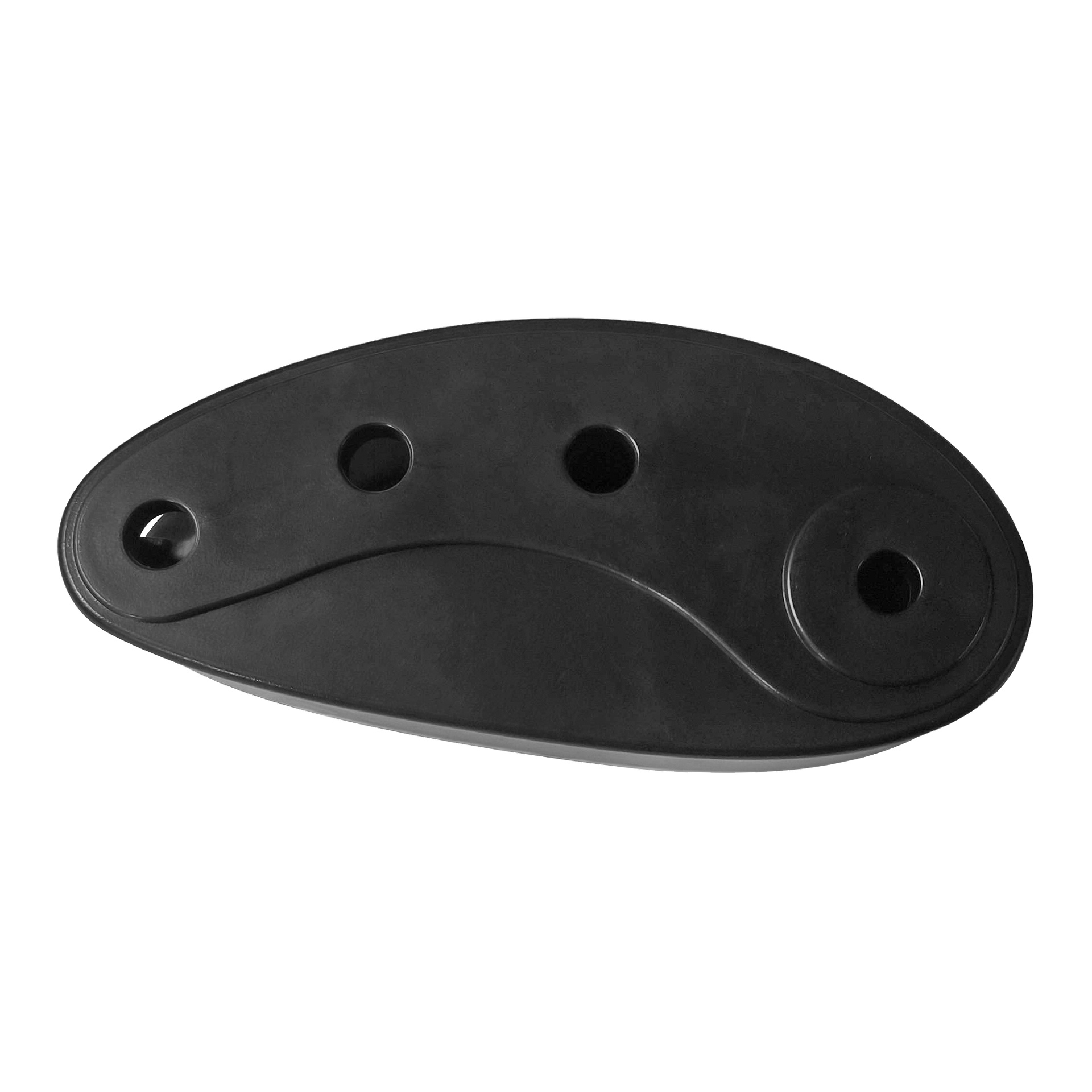 En oval, svart plastfotplate for den justerbare fotplate-tredemøllen med fire buede, sirkulære hull på overflaten.