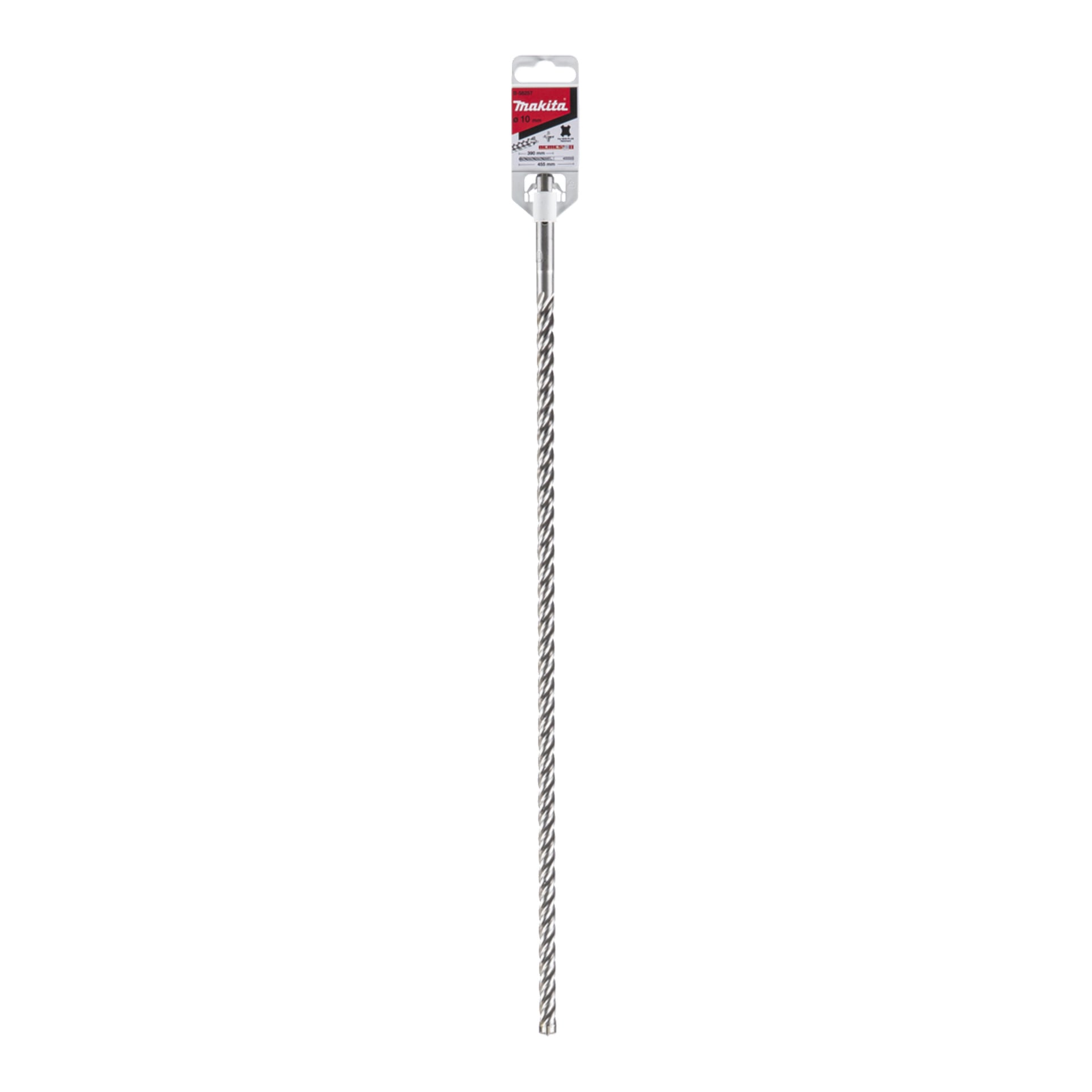 Ein langer, silberner Makita SDS-Plus Bohrer mit Spiralform steht aufrecht. Das obere Etikett zeigt das Makita-Logo in Rot und Weiß.