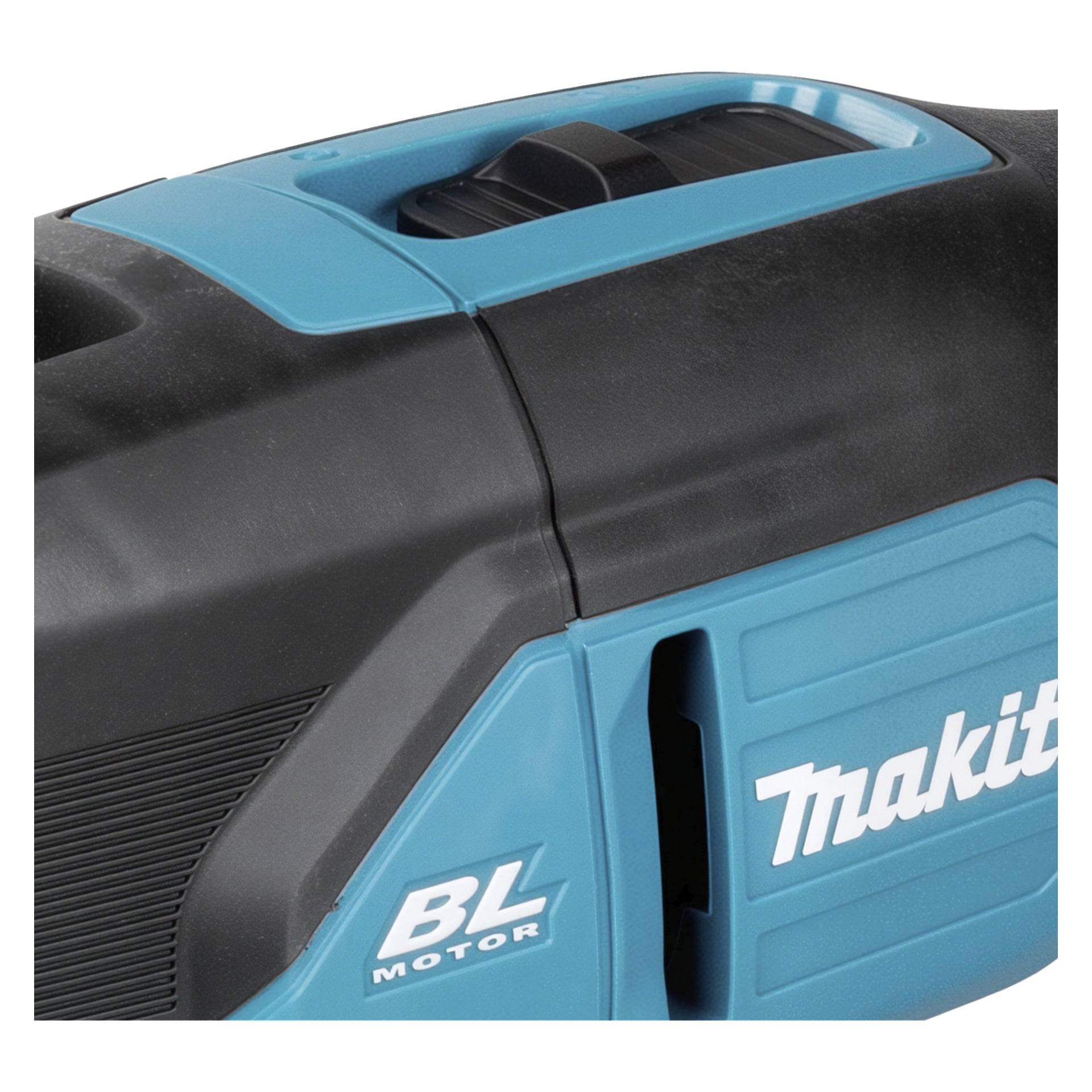 Närbild på ett blått och svart Makita-elverktyg med BL Motor-märkning, delar av karossen och en synlig svart justeringsratt.