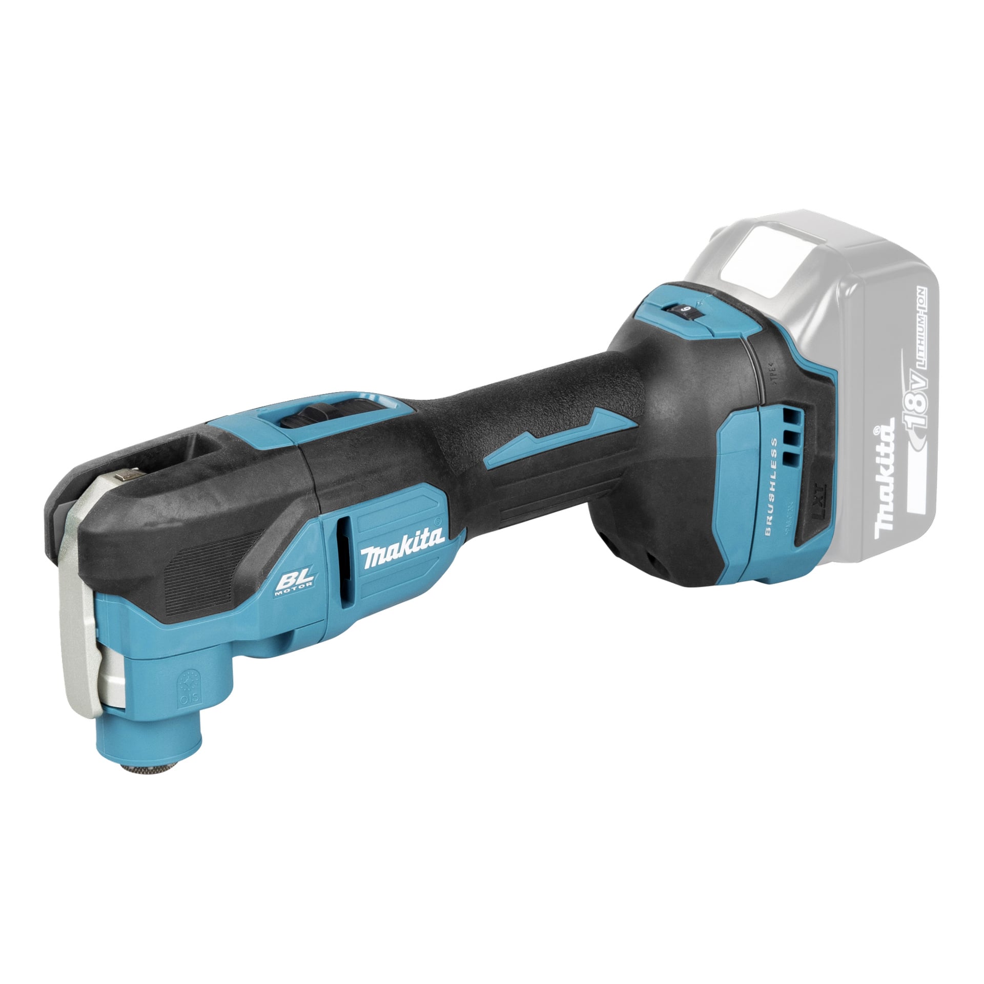 Sladdlöst Makita-verktyg med teal och svart kropp, BL-motor och 18V LXT-märkningar, batteripack bak, liten främre oscillerande blad.