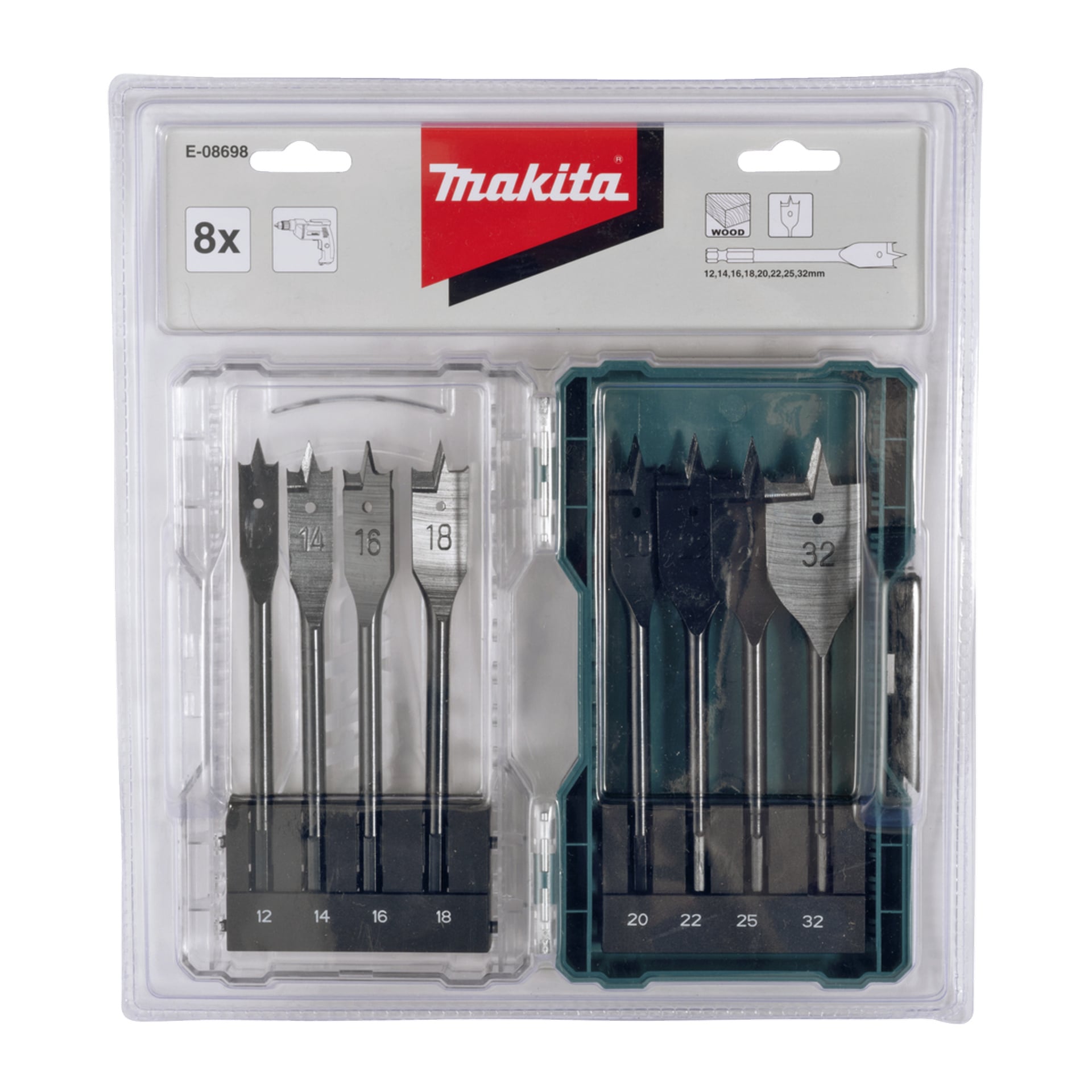 Acht Makita-Flachholzbohrer in einem Kunststoffpack, Größe 12–32 mm, in zwei Reihen mit Größenetiketten und Branding angeordnet.